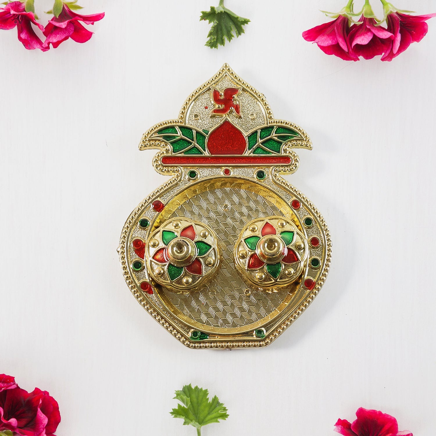 Open kalash shape kumkum box showing two inner compartments for pooja powders