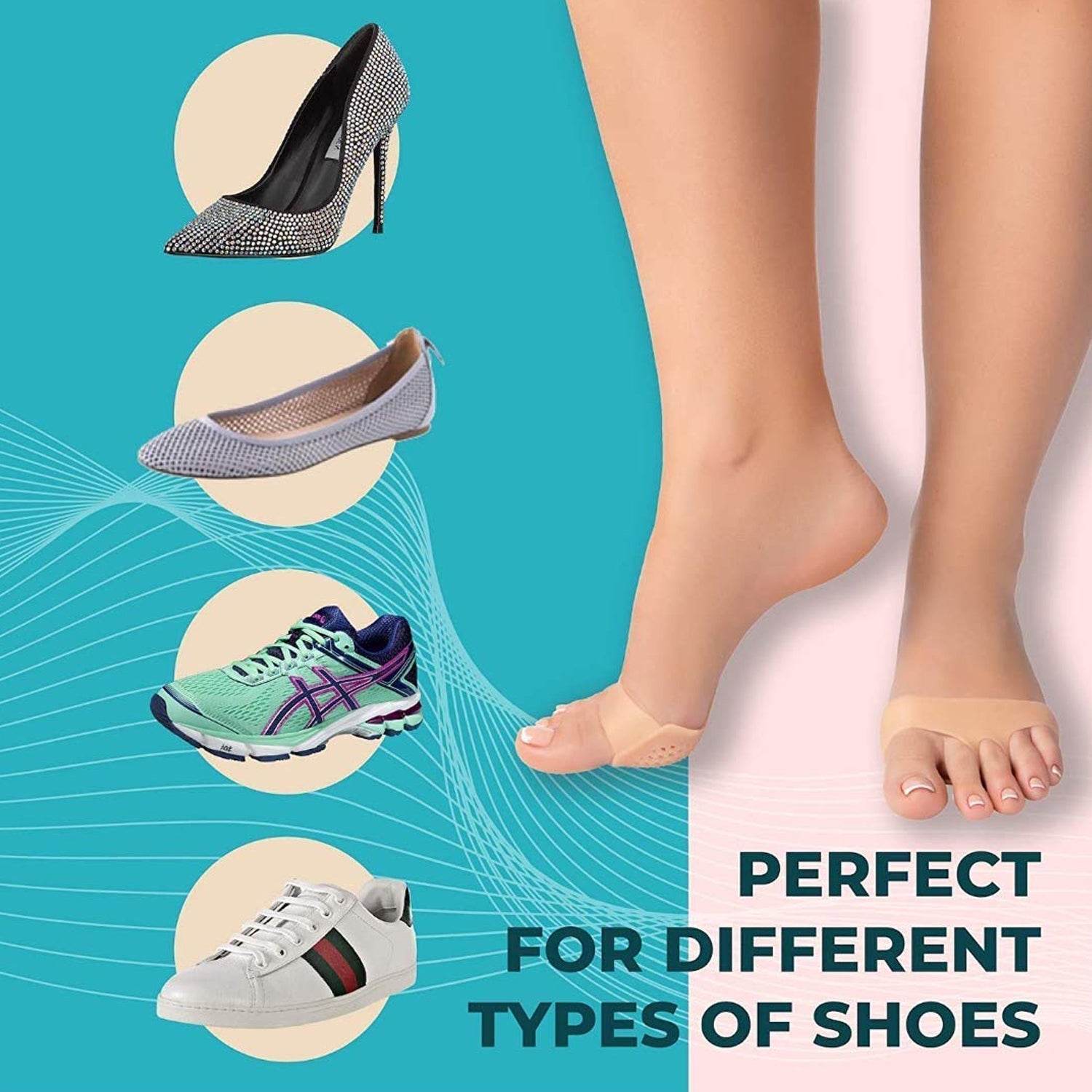 Infographic showing the benefits of silicone tiptoe protectors for toe pain relief and comfort.
