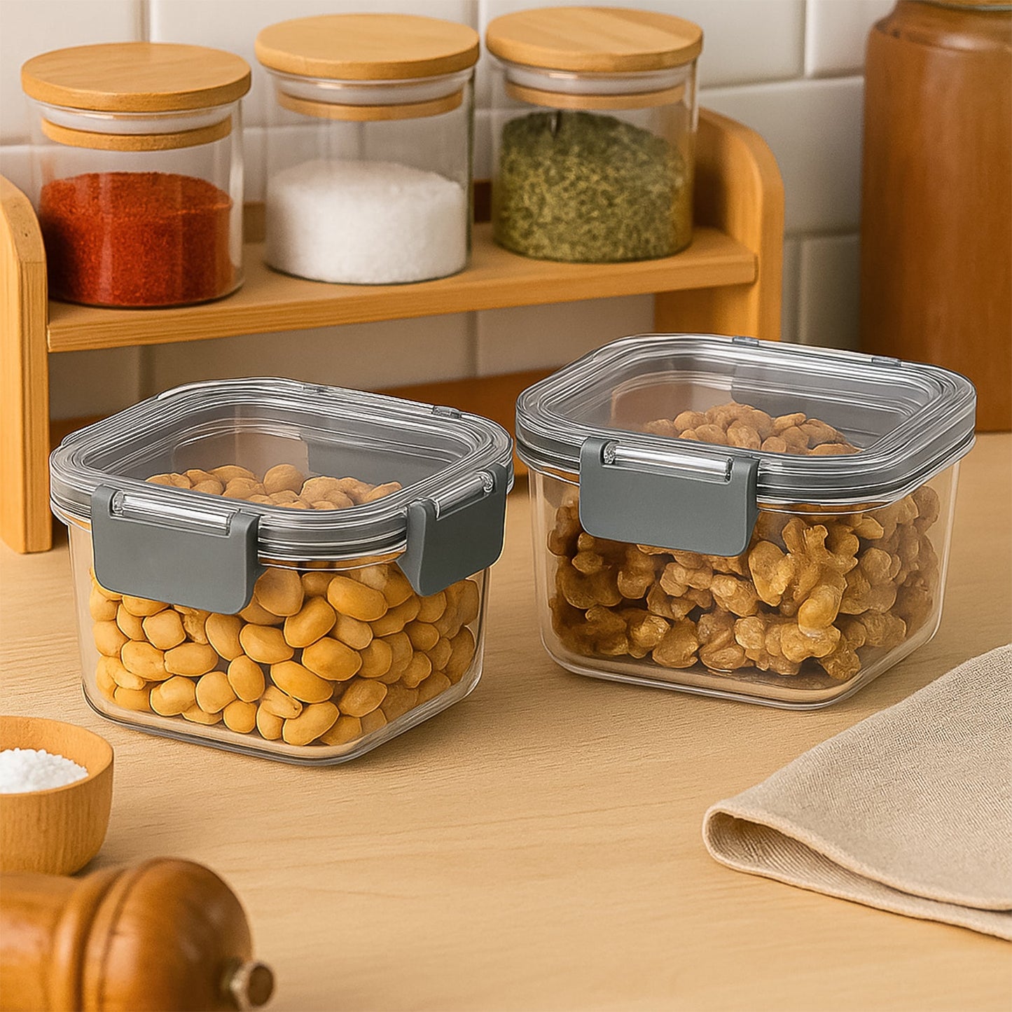 Apex stackable airtight food storage containers made of food-grade polycarbonate