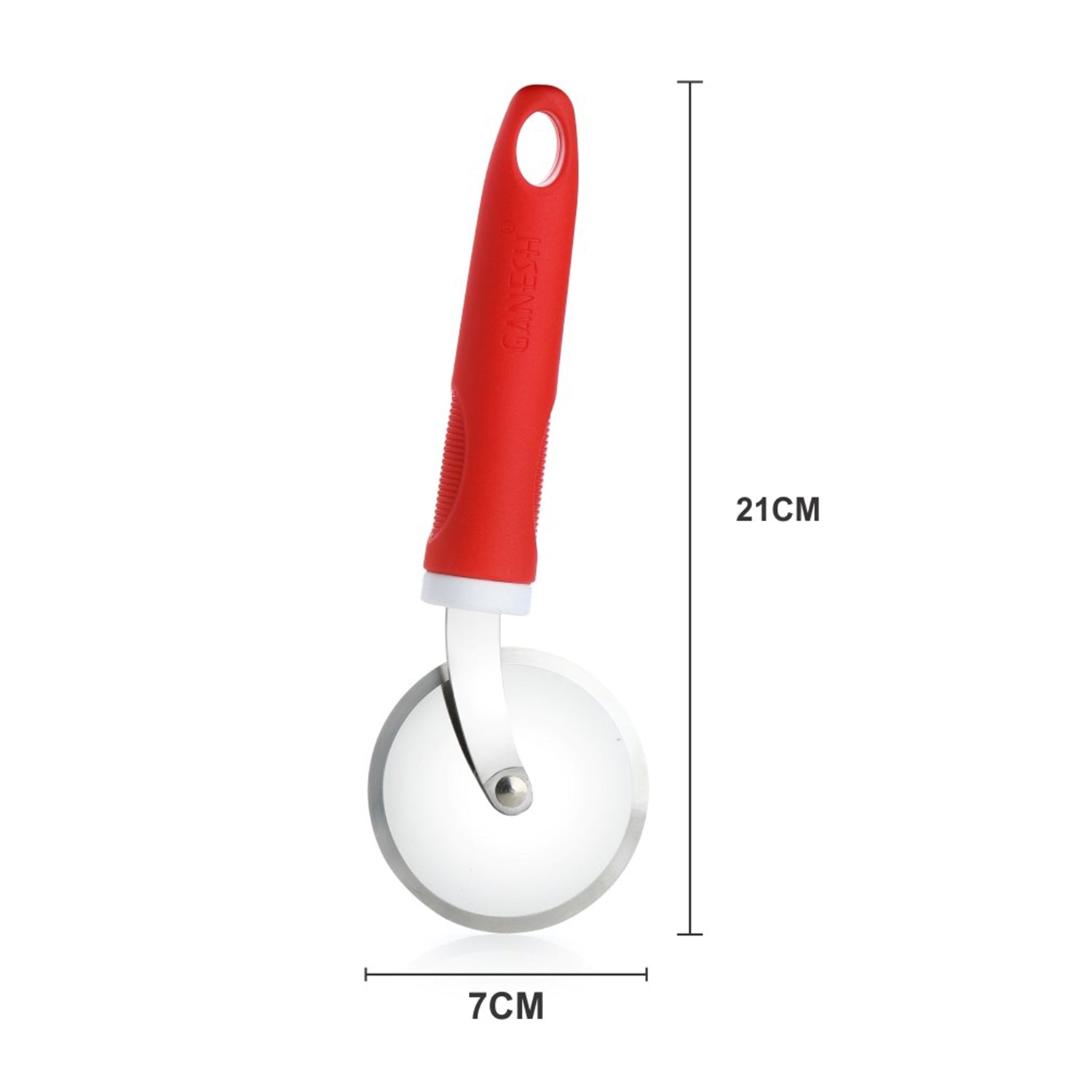 Detailed view of the Ganesh stainless steel pizza cutter, ready for use.