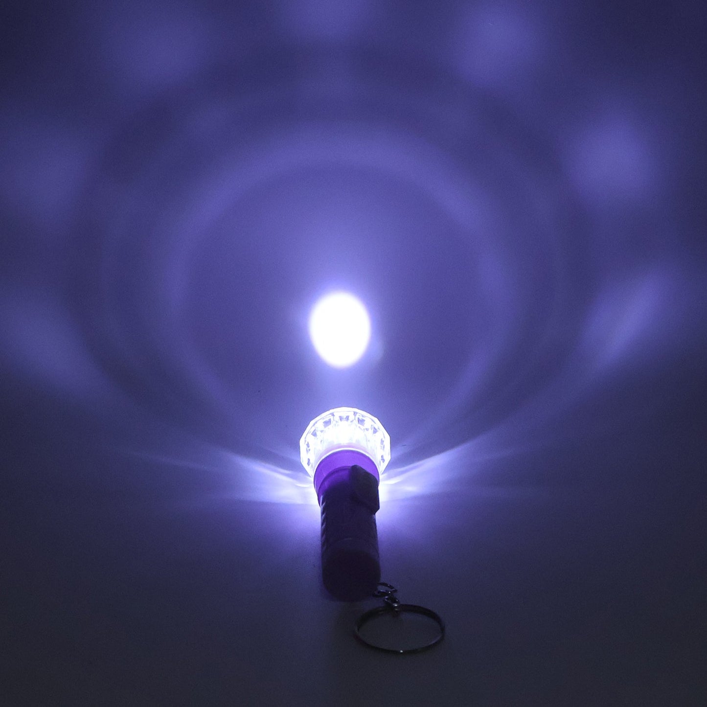 Mini LED keychain torch showing push-button switch and plastic body
