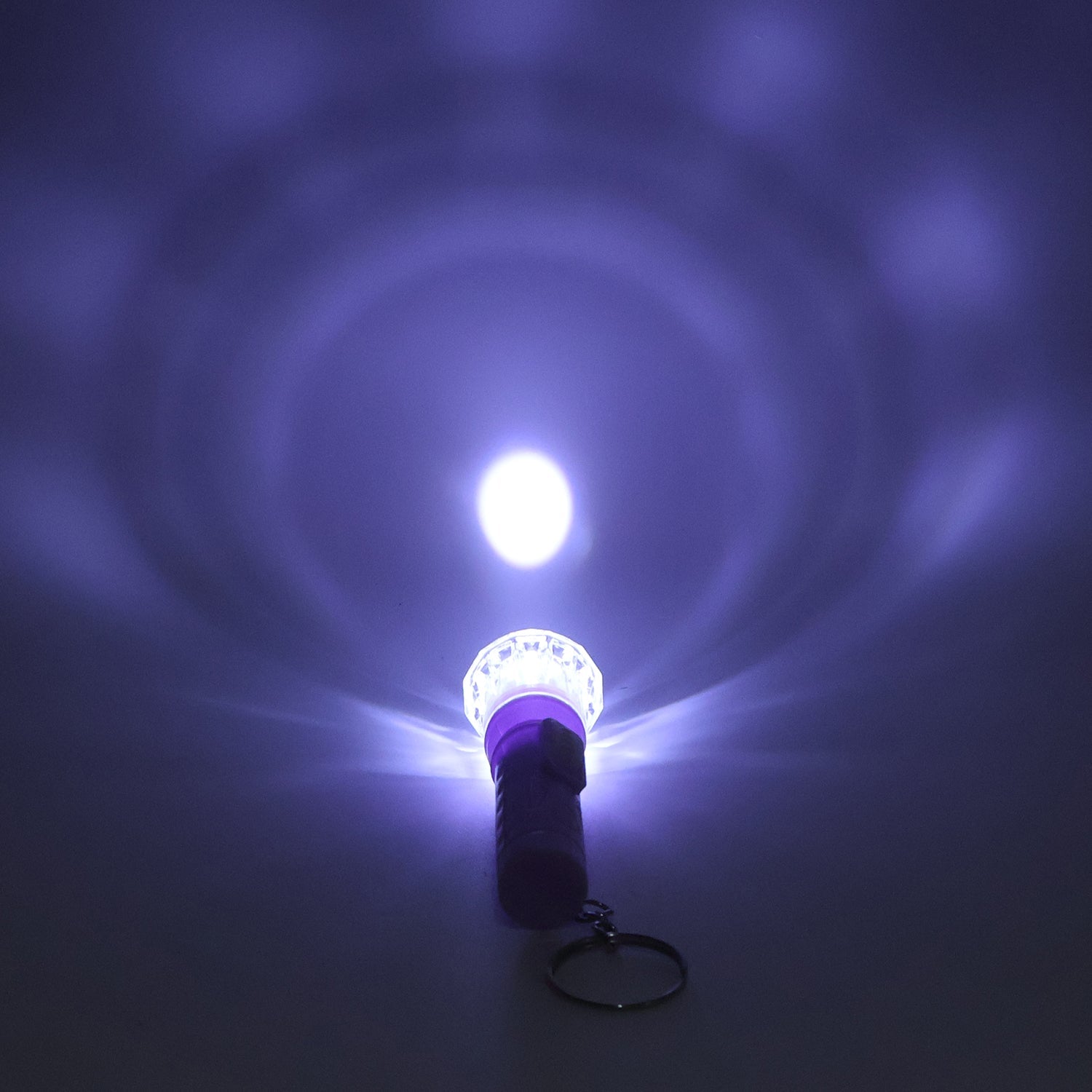 Mini LED keychain torch showing push-button switch and plastic body