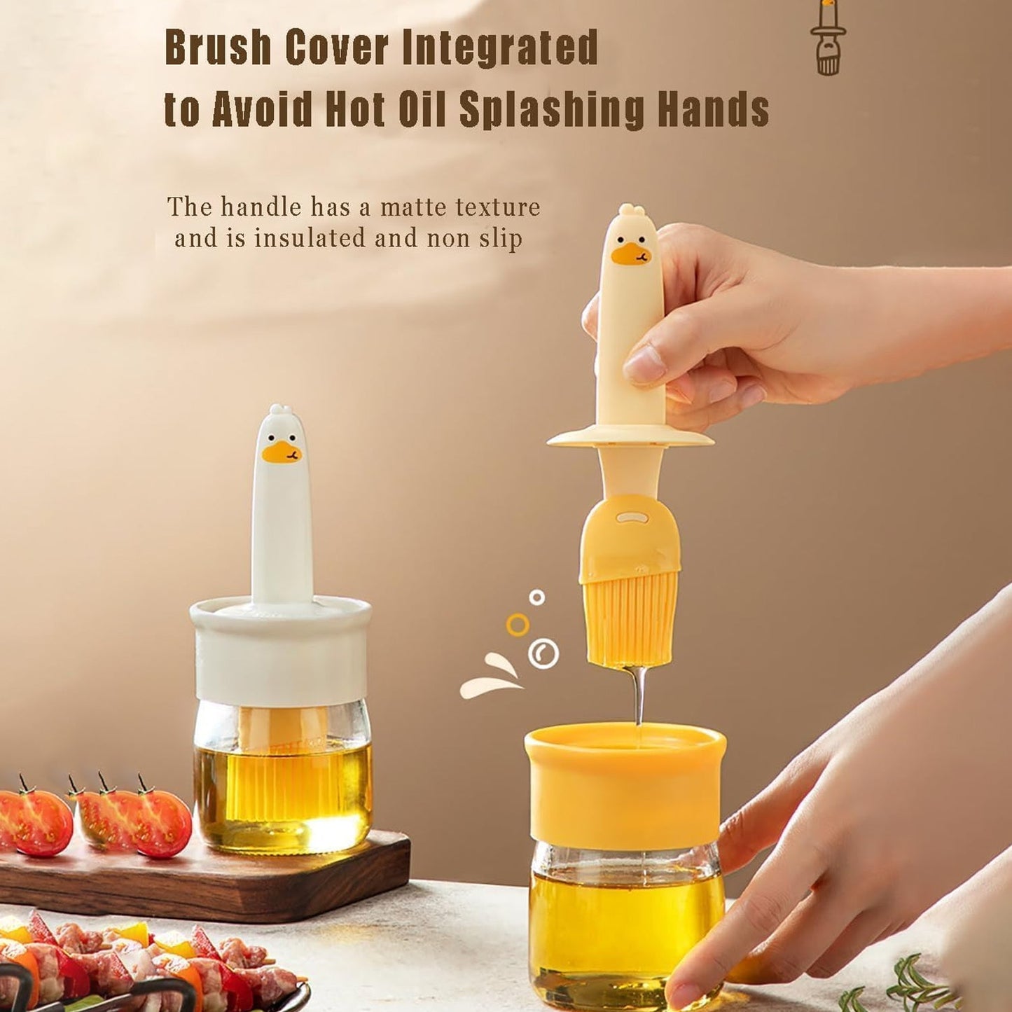 A 2-in-1 oil dispenser bottle with silicone basting brush shown in use for cooking.