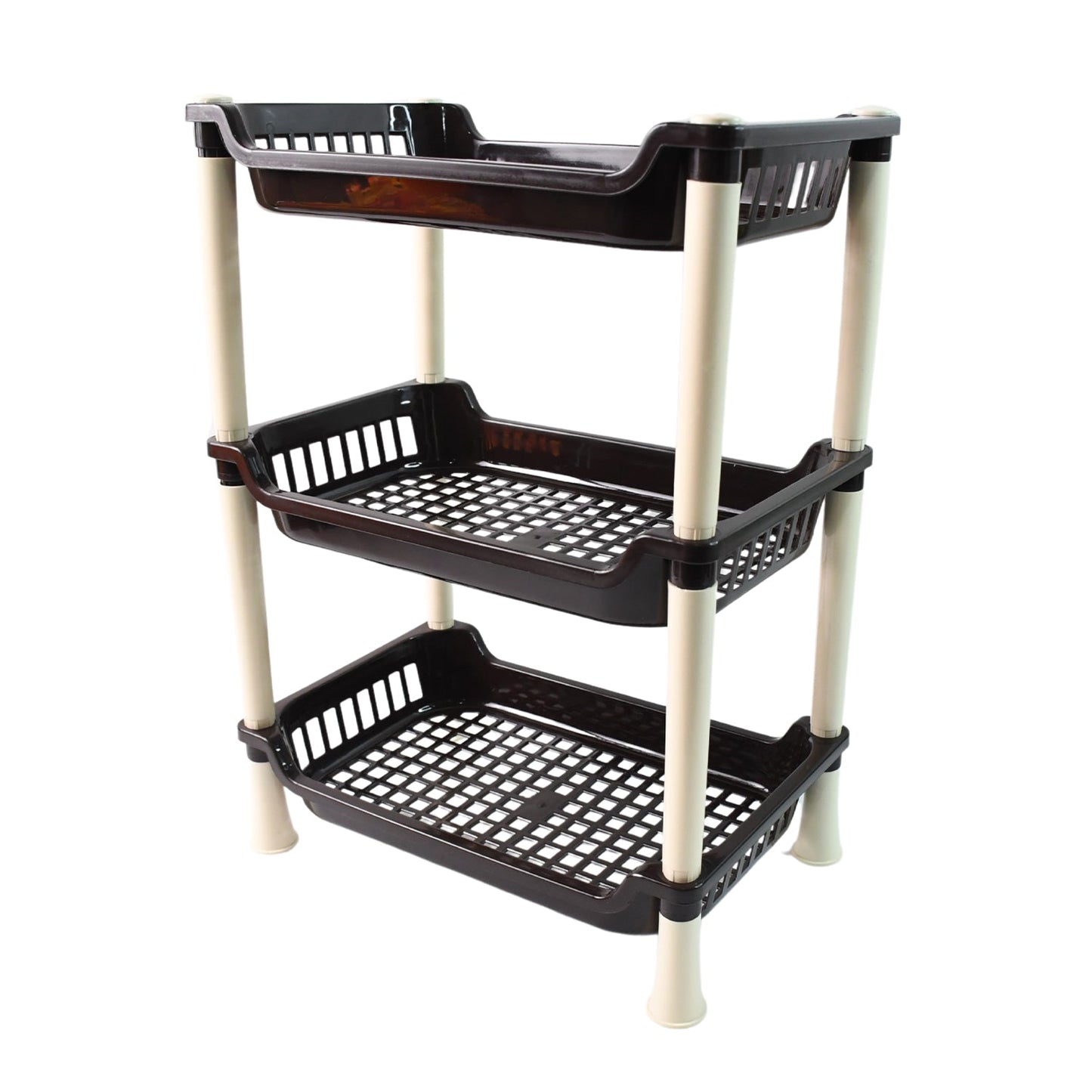 Vertical space-saving design of the 3-Tier Plastic Storage Rack Organizer