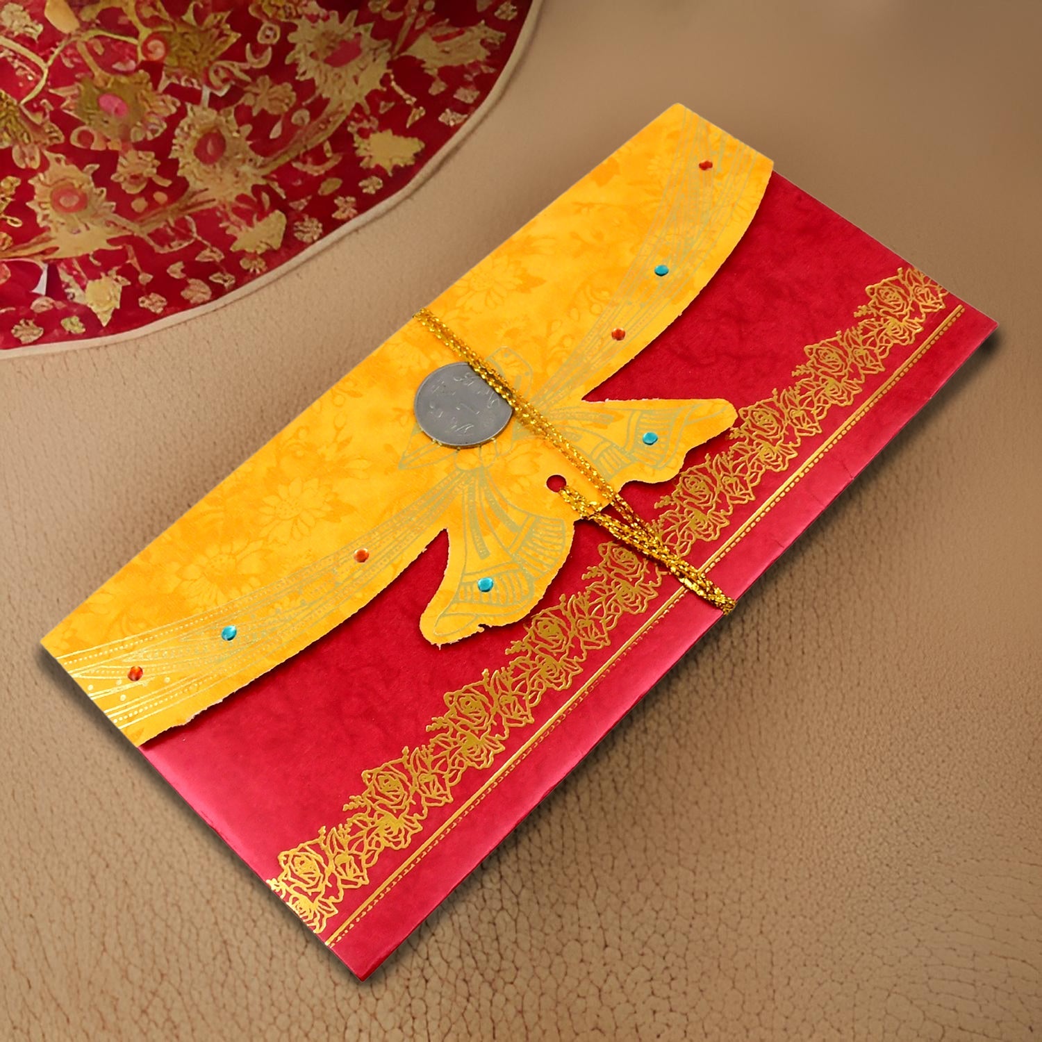 Multicolour Wedding Shagun Envelope in a purse shape, perfect for cash gifts.