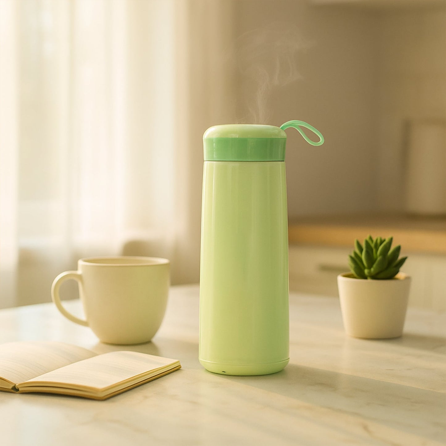 Leak-proof green plastic flask with carry strap and 400ML capacity
