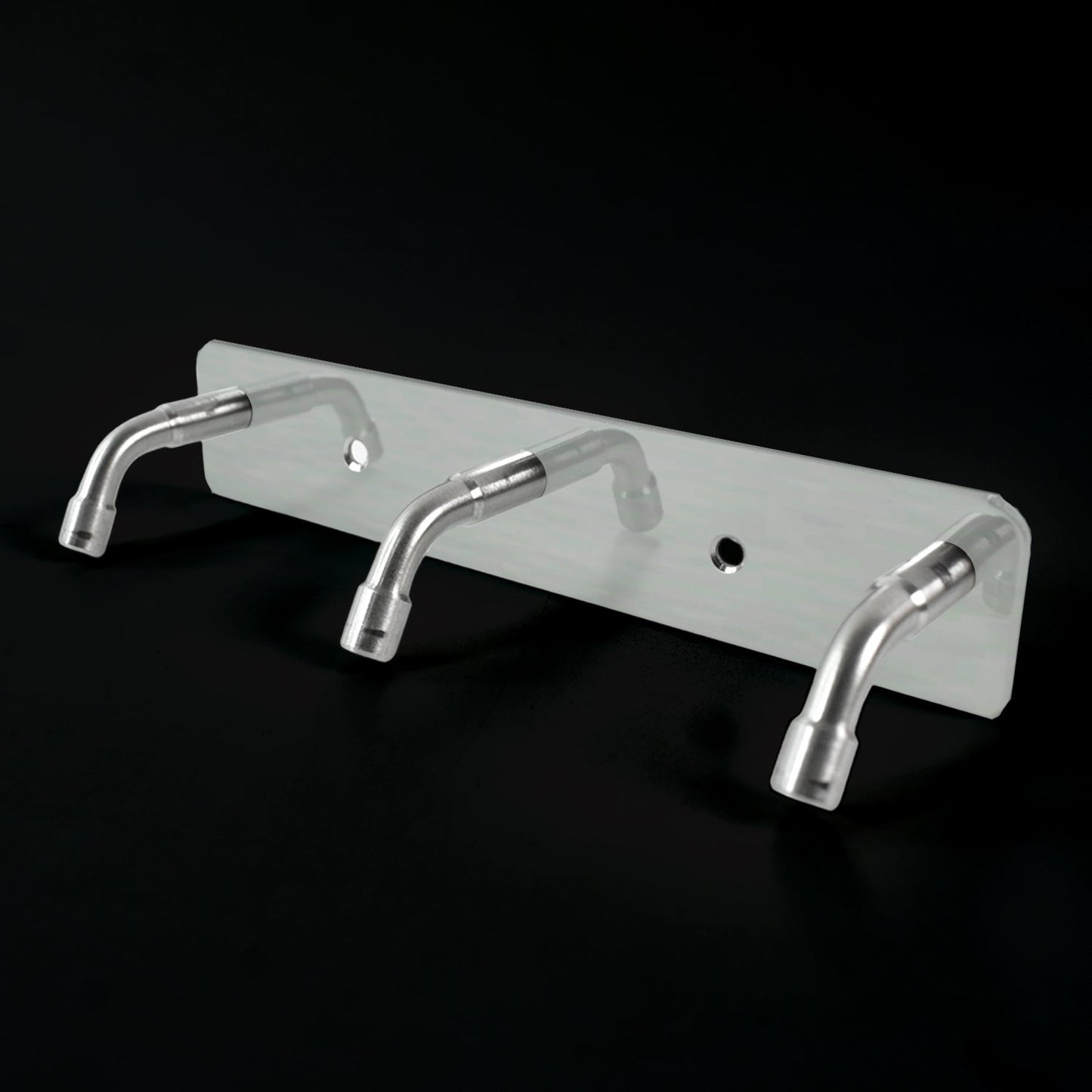 Stainless steel coat hook rack holding towels and bags