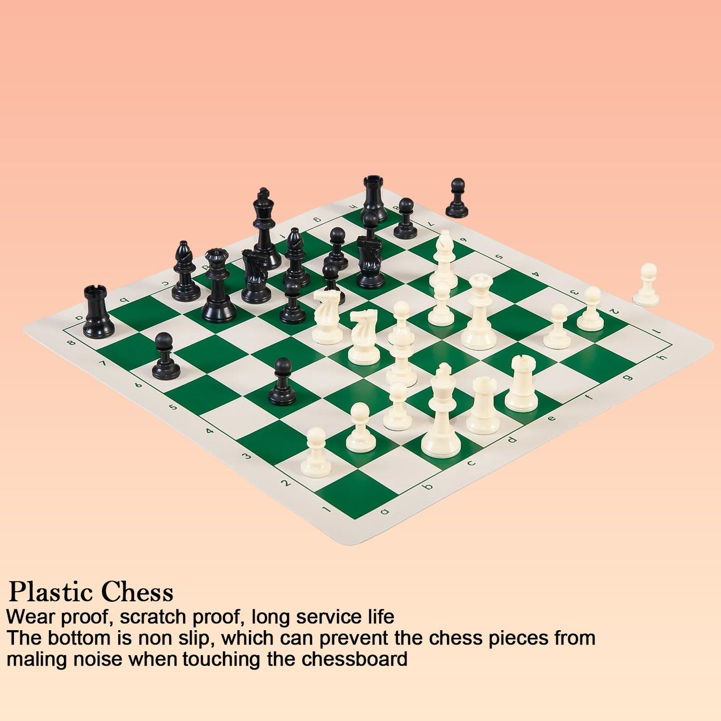 Mini chess game set showcasing vinyl foldable chessboard and plastic pieces