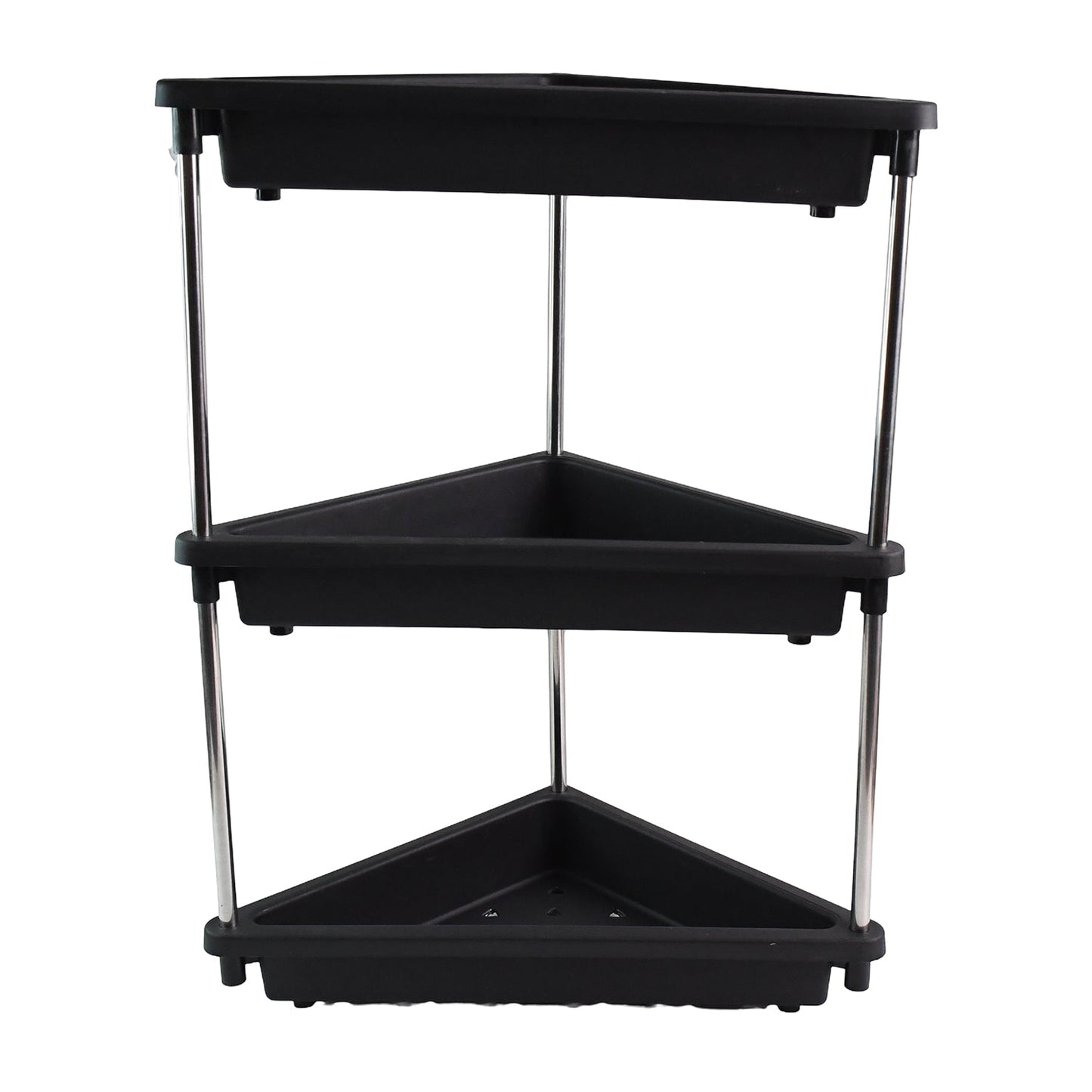 Side view of plastic corner storage rack with 3-layer shelves