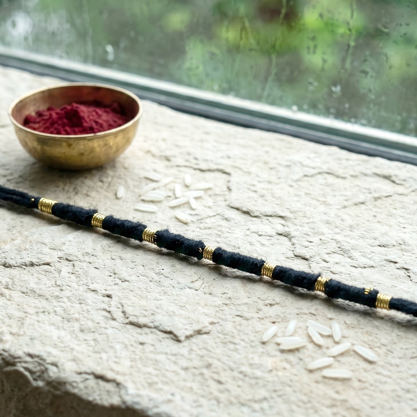 Detailed view of handmade rakhi showcasing intricate bead work
