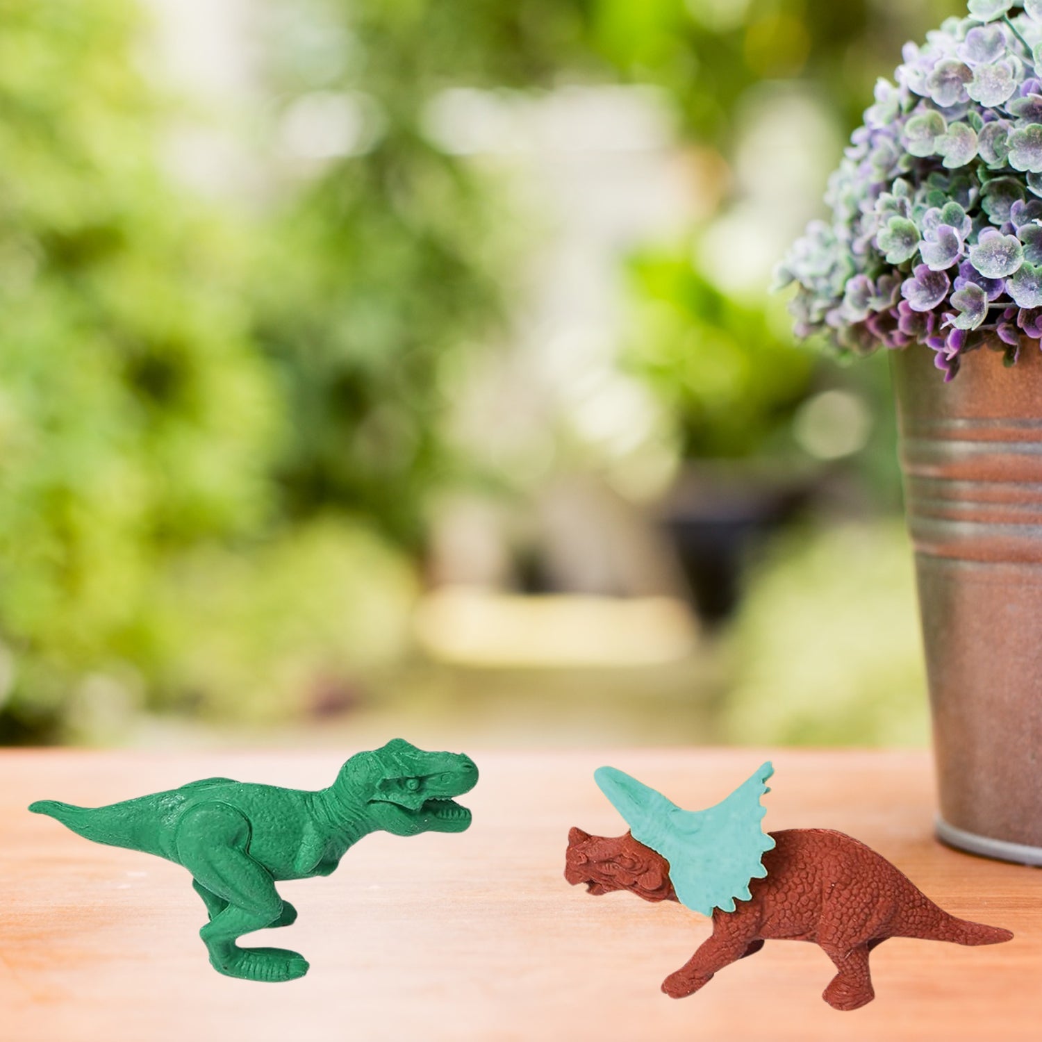 A complete set of 3D dinosaur puzzle erasers, neatly arranged.