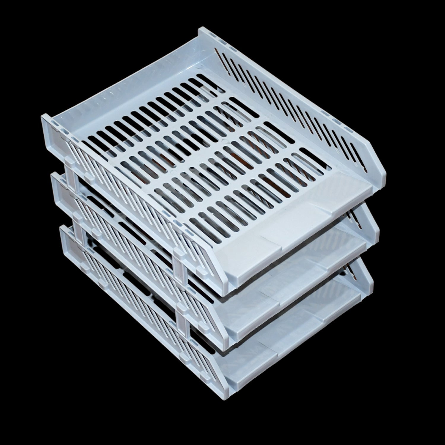 Top-down view of a desktop file rack organizing A4 documents and files.
