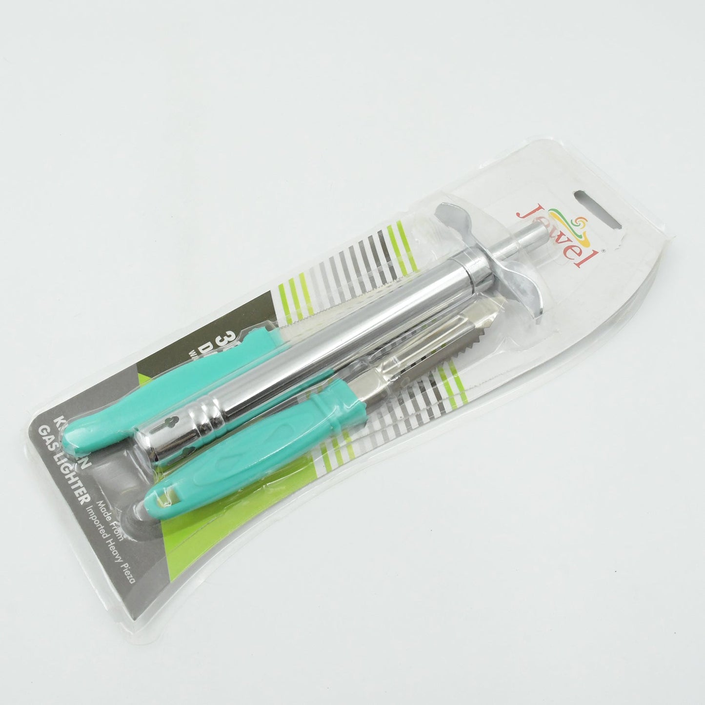 Ergonomic peeler, sharp knife, and durable gas lighter components of the Quickslice set.