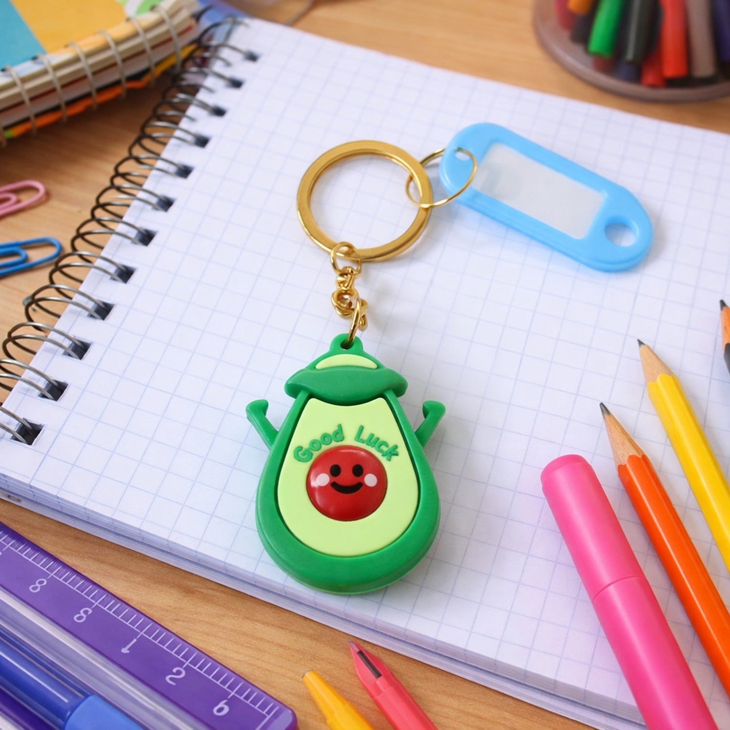 Cartoon avocado keychain with decorative and functional ID name tag