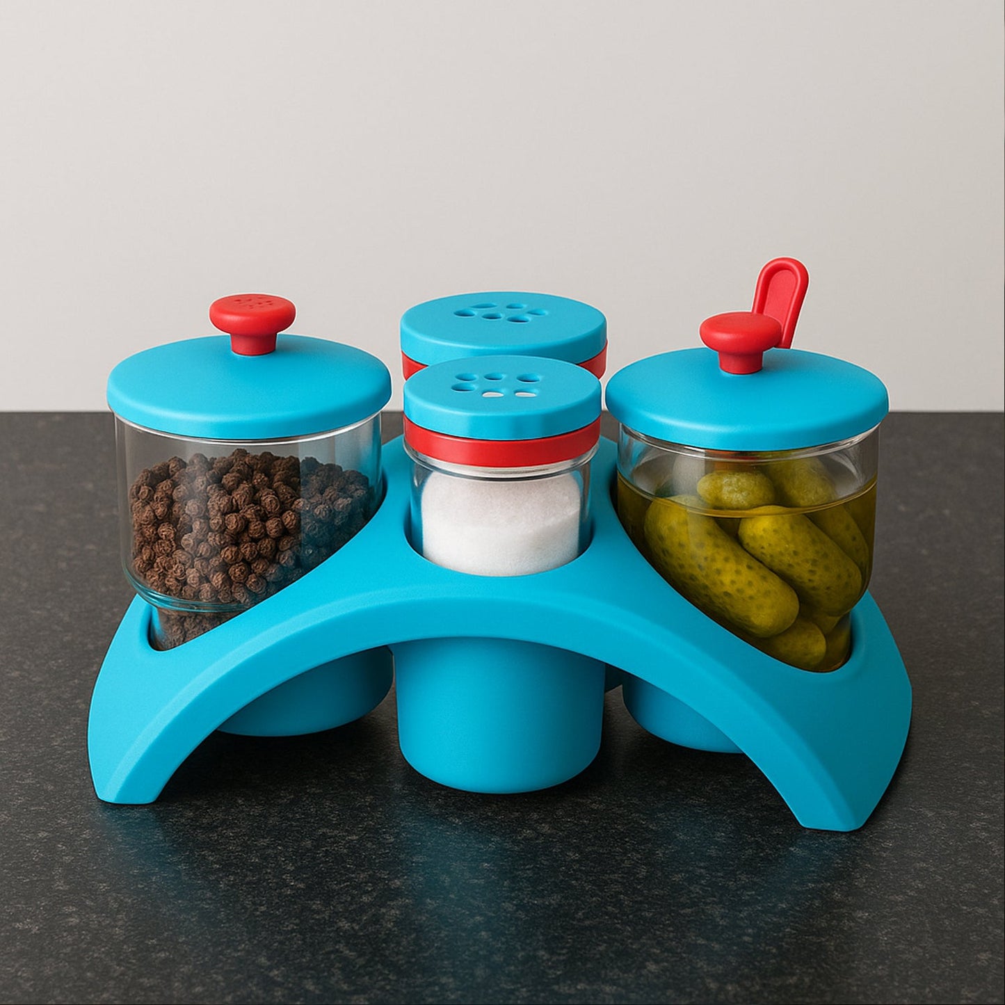 Compact plastic pickle and seasoning containers with easy-pour lids