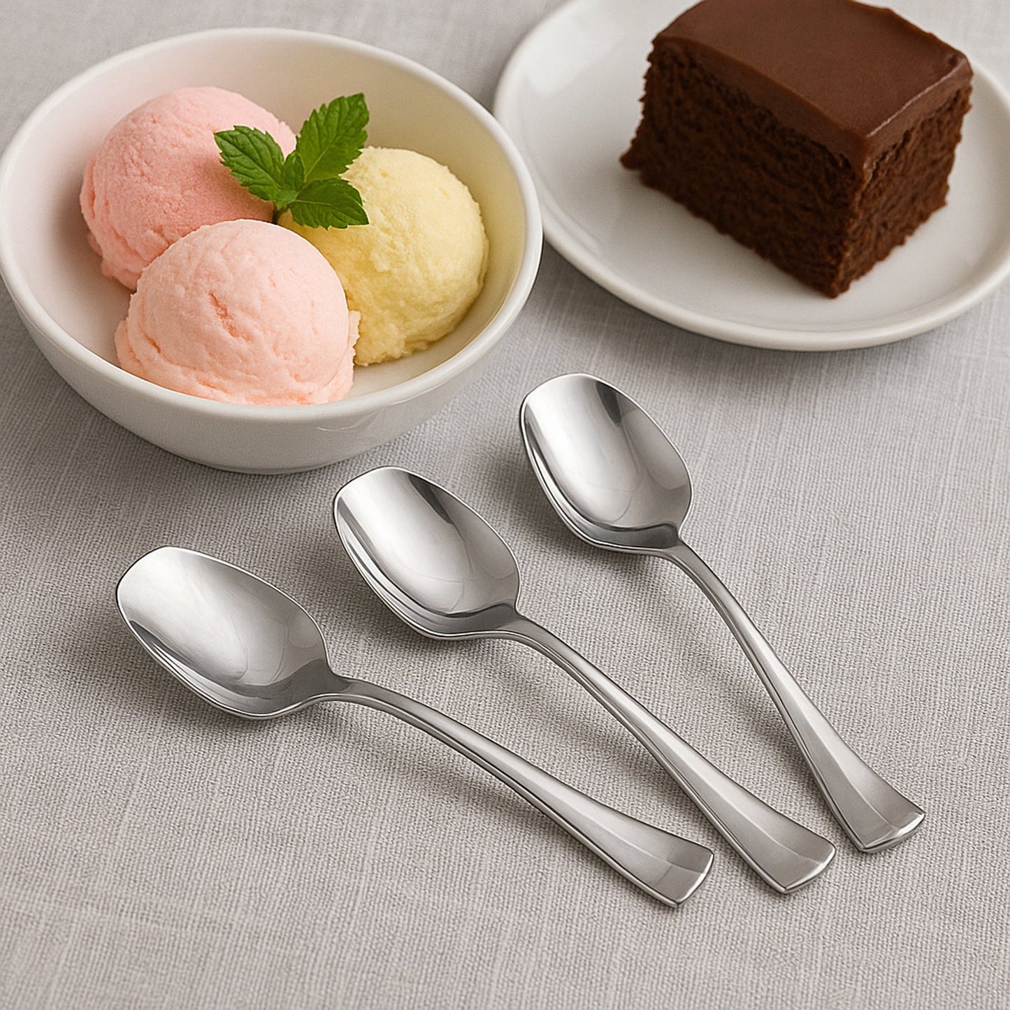 Close-up view of mirror-polished stainless steel ice-cream spoon bowl