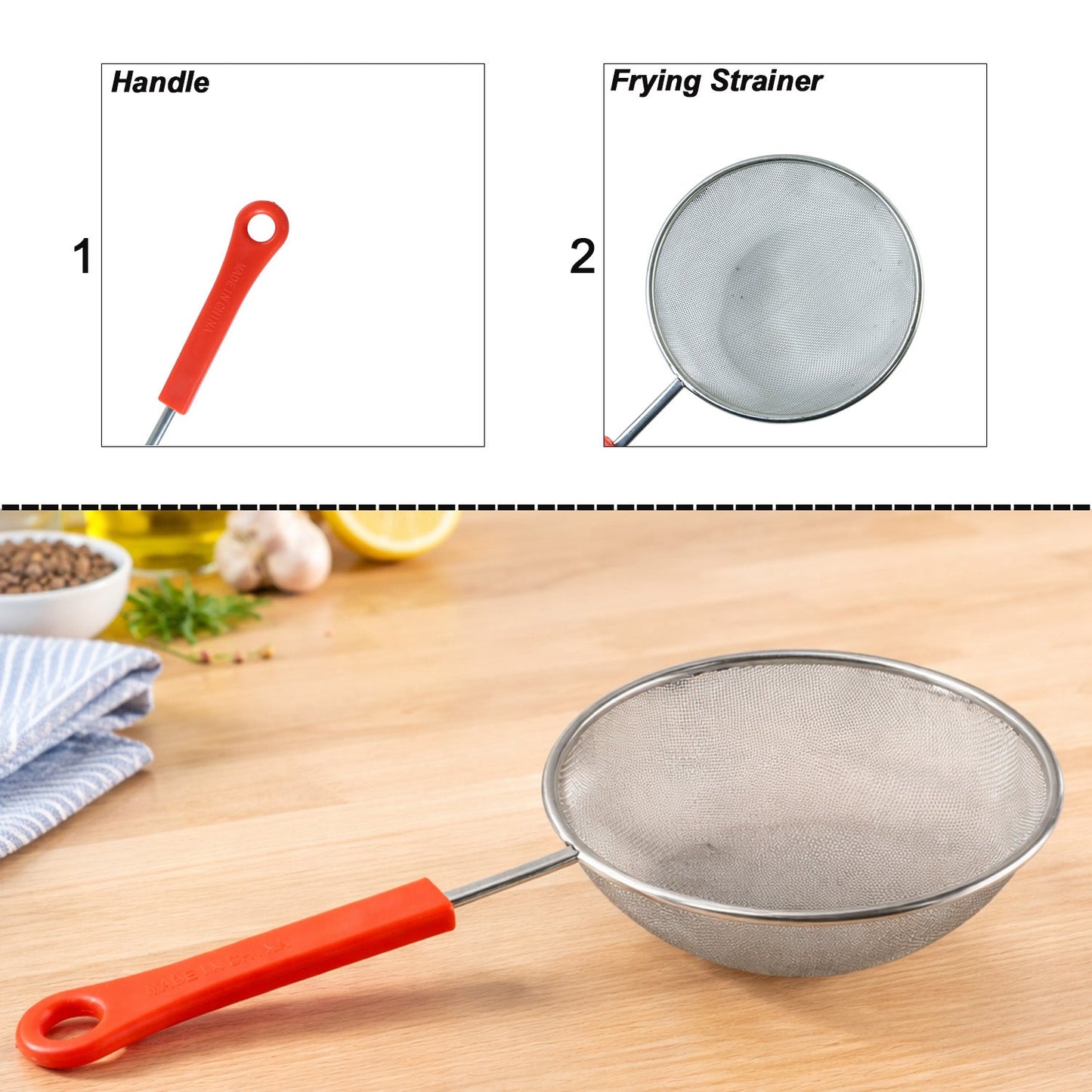 Round fine mesh kitchen strainer with comfortable handle