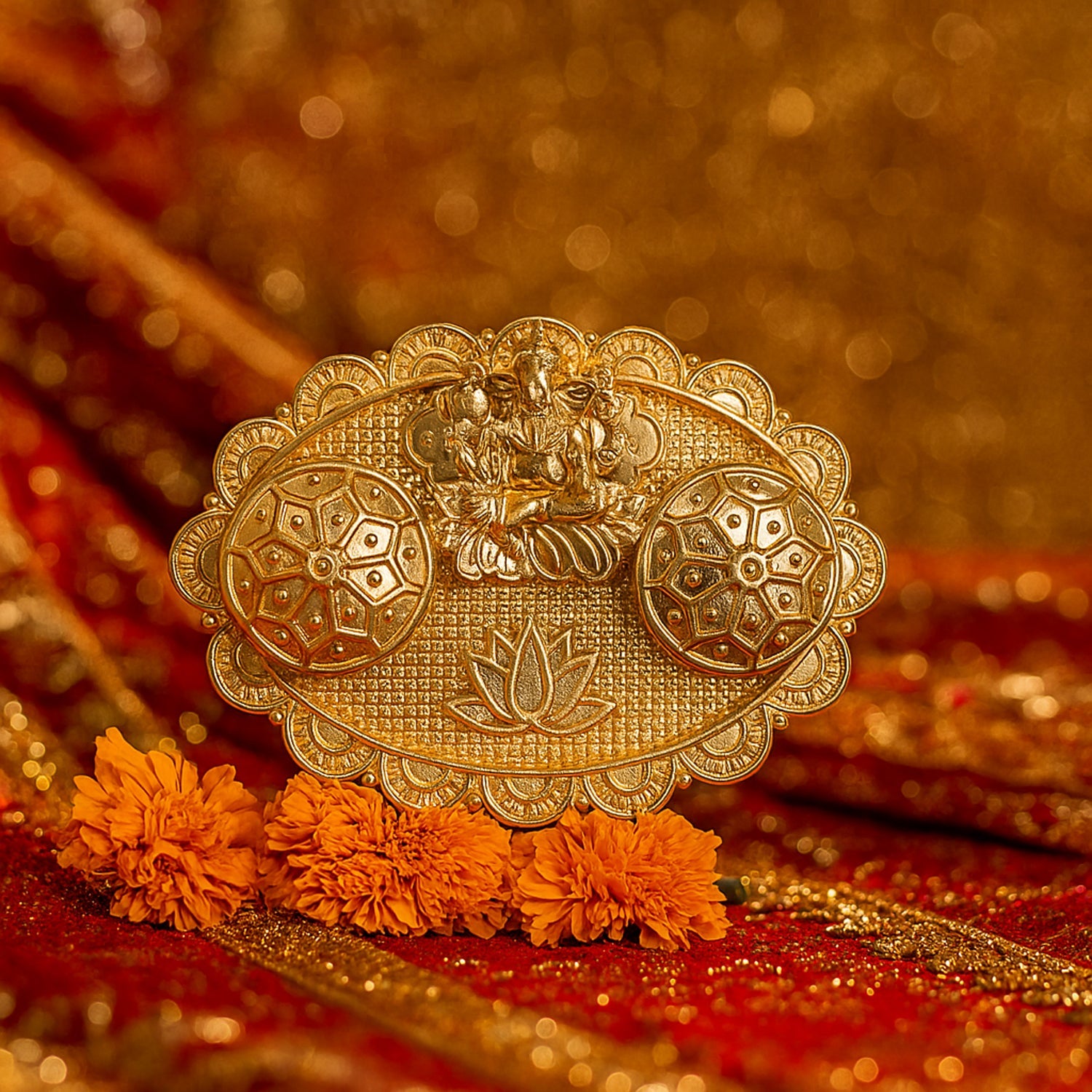 Beautiful Ganesh embossed metal roli-chawal kumkum chopra with detailed scalloped edges