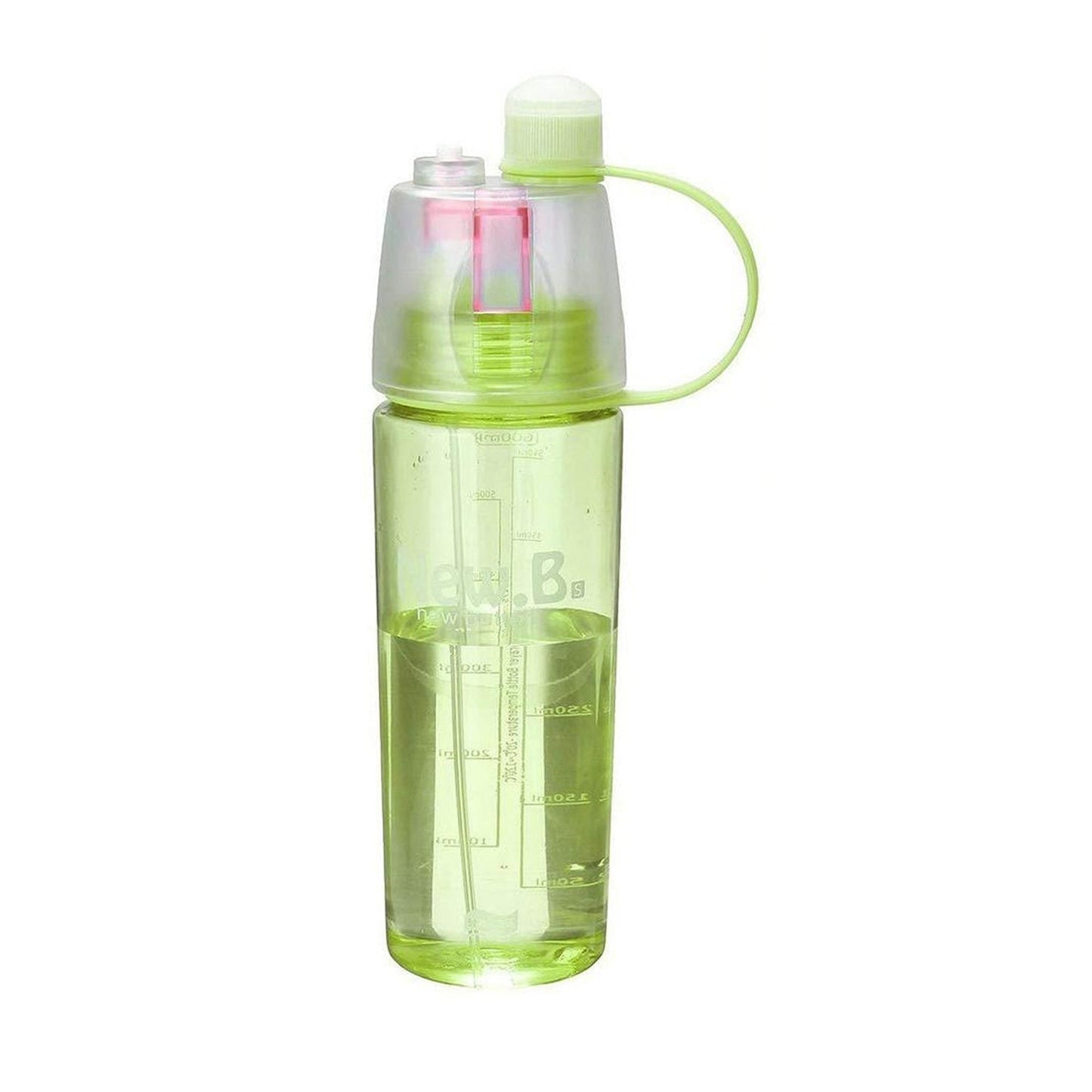 Close-up of the blue 600ML spray water bottle, highlighting its sleek design and BPA-free material.