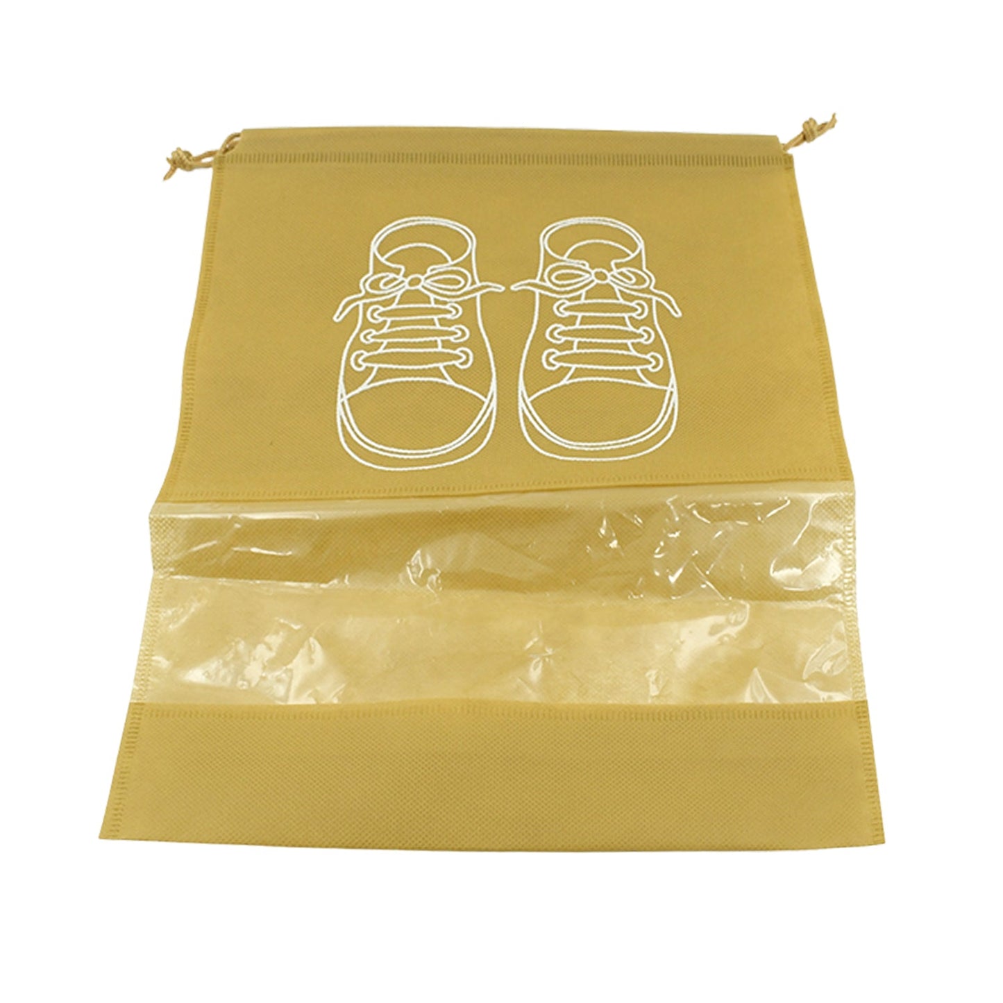 Compact folded waterproof shoe bag next to a pair of shoes, highlighting its portability.