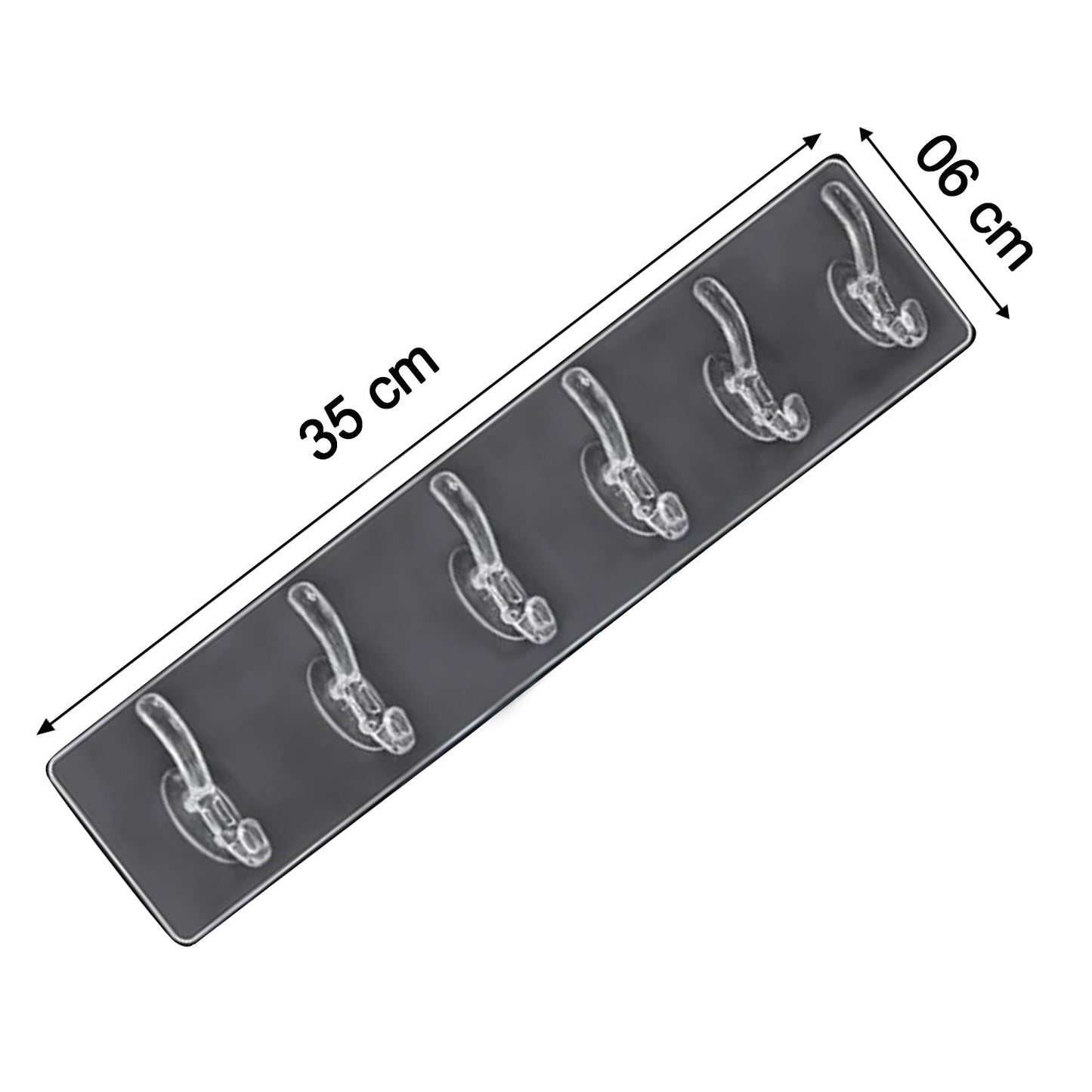 Elegant golden and transparent 6-pin hooks providing storage on a bathroom wall.