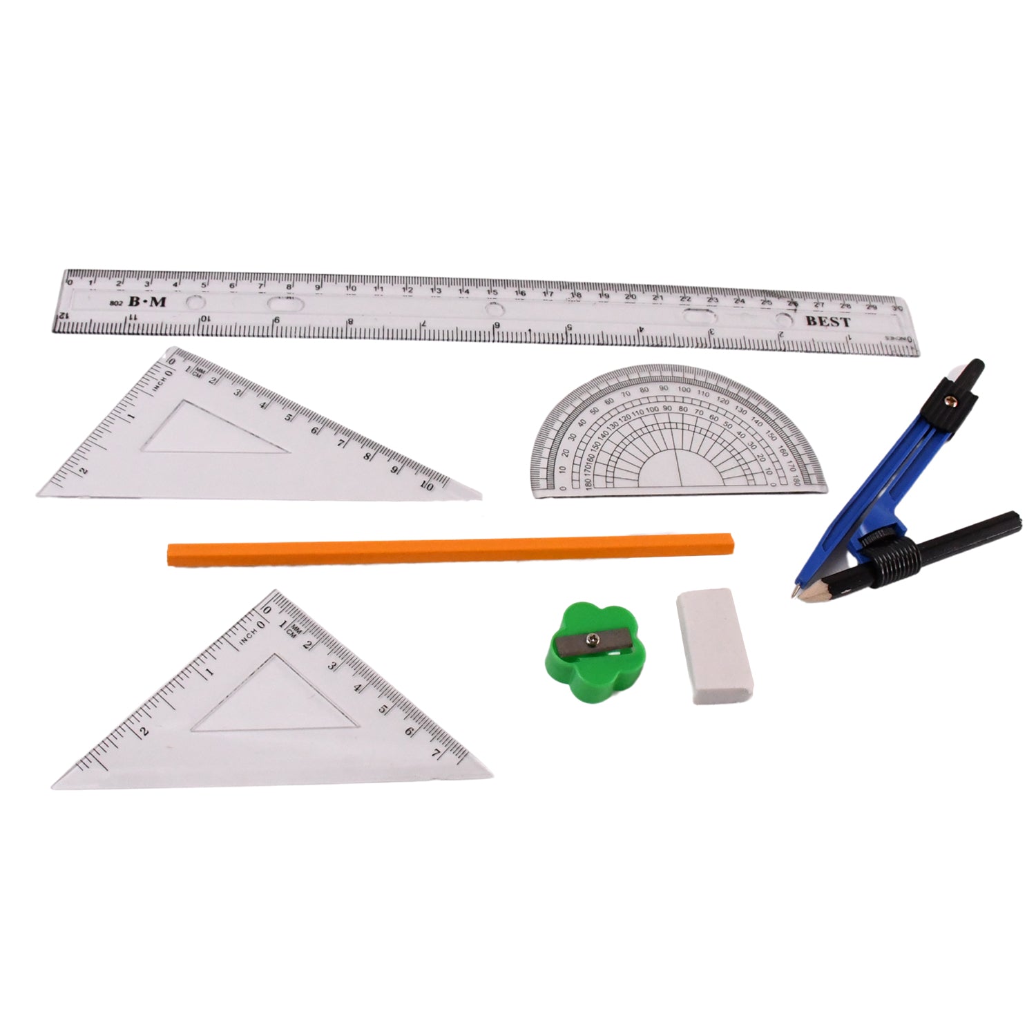 Various components of VoltDesk 9-in-1 stationery set laid out, including eraser and pencils.