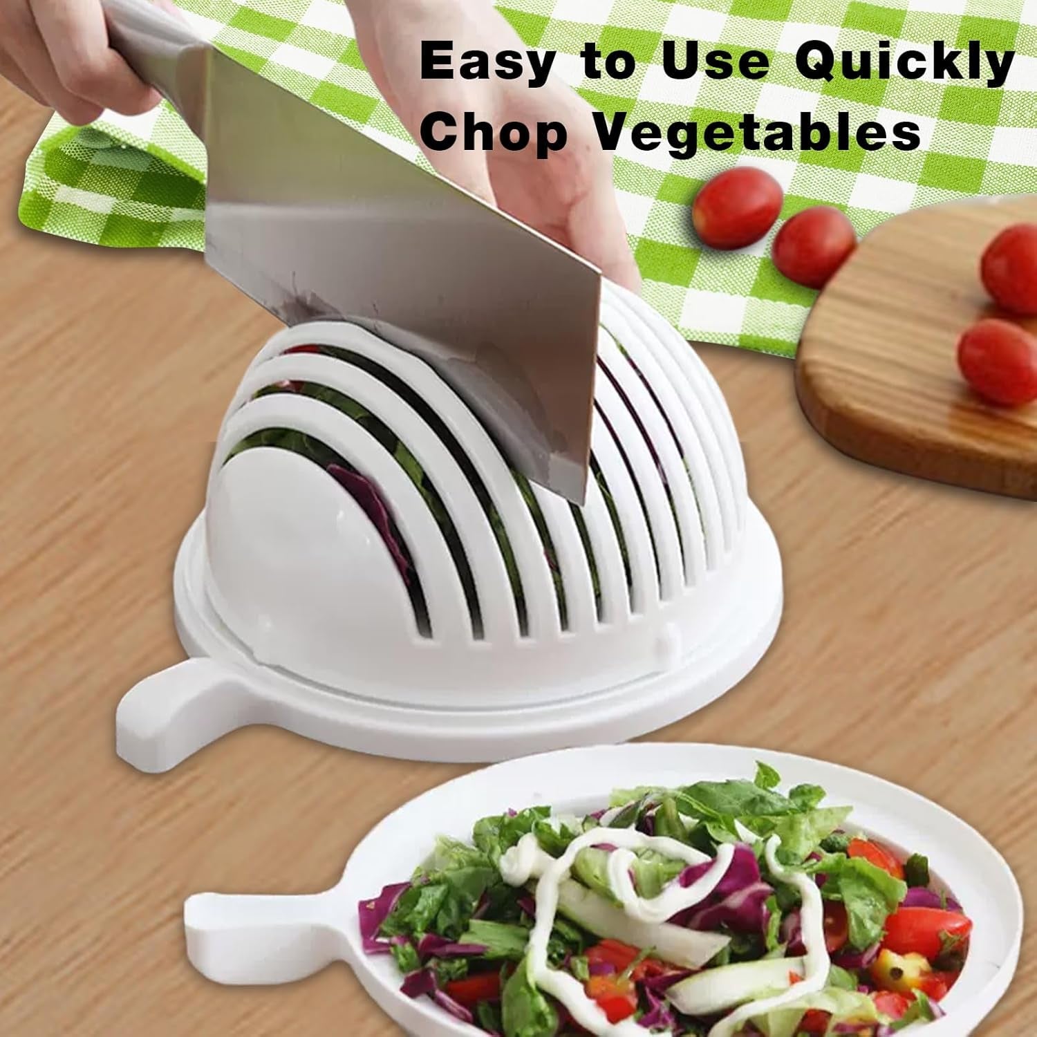 Assortment of colourful fruits and vegetables arranged around the 60 Seconds Salad Cutter.