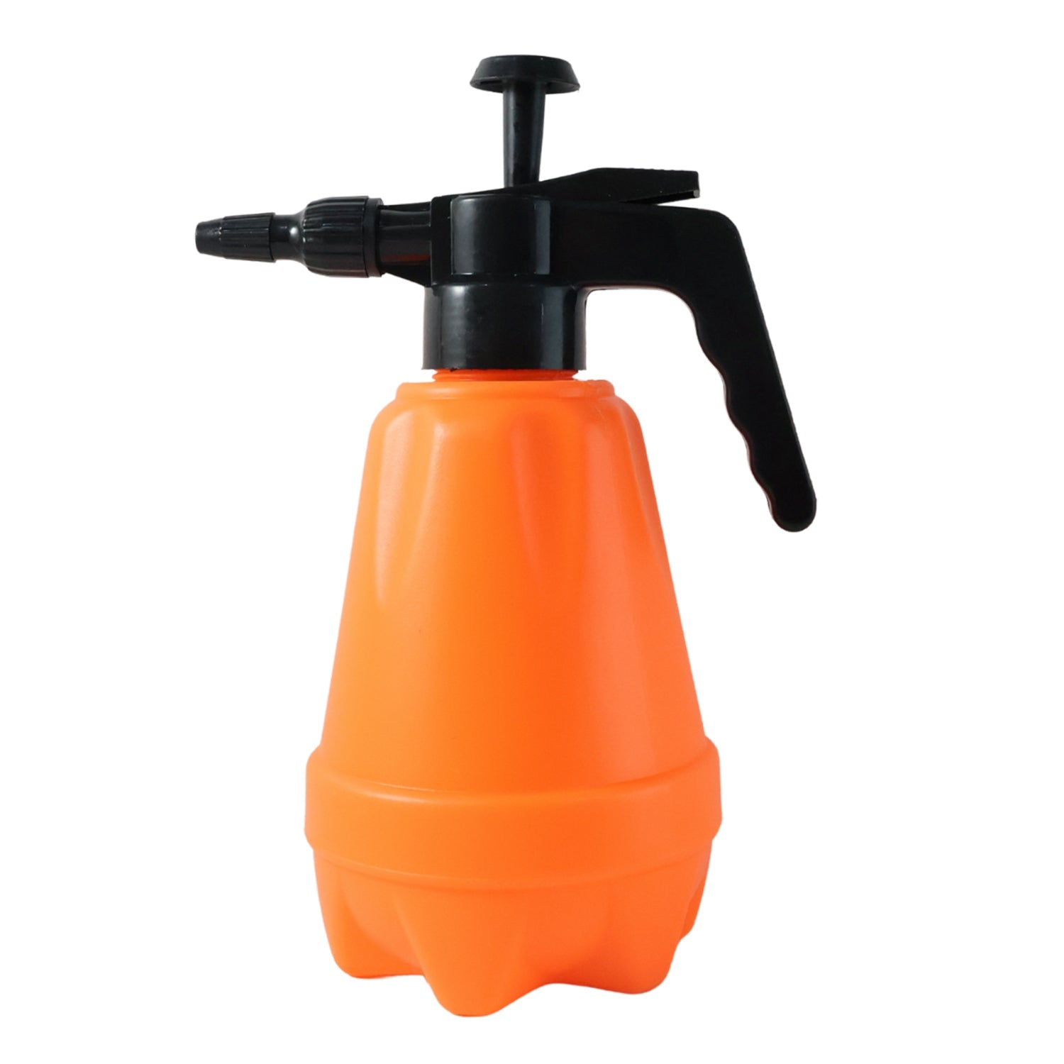 Pressure spray bottle used in garden setting for watering plants