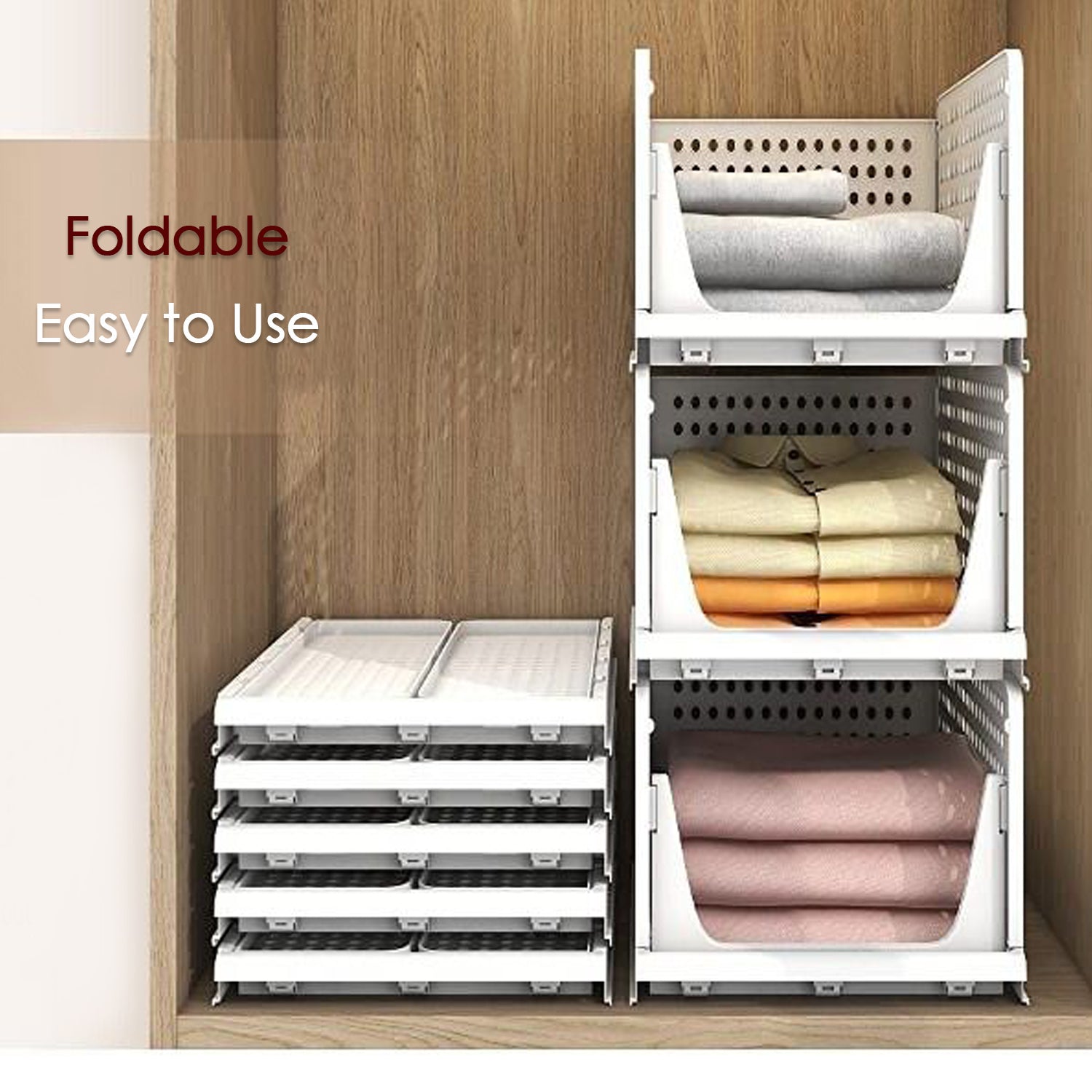 Practical 3-layer clothes organizer, foldable and stackable for maximizing wardrobe space.