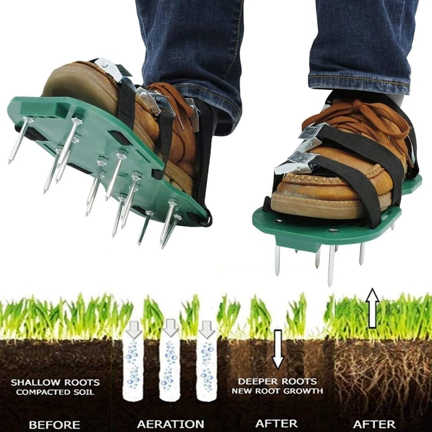 Person wearing the Lawn Aerator Sandals while walking on a green lawn, demonstrating use.