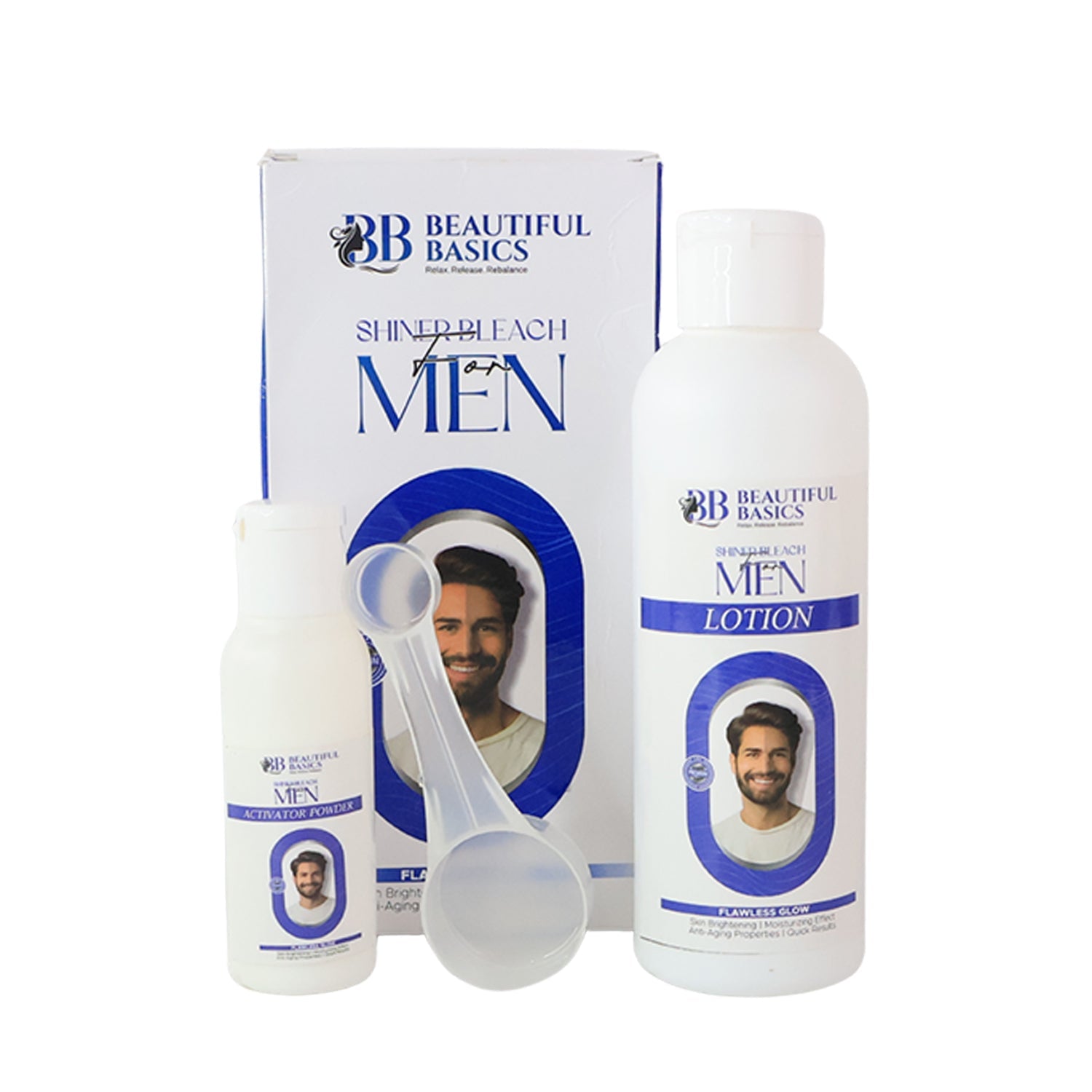 Complete men's bleach kit with lotion, powder, and measuring spoon for even skin tone.