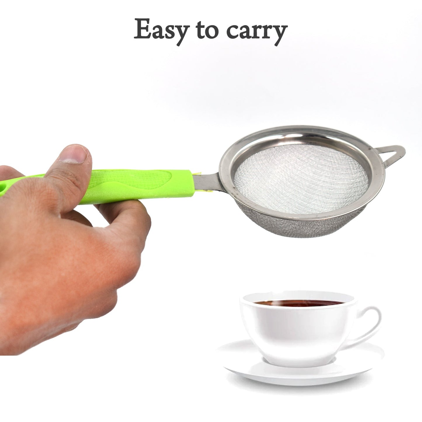 Compact stainless steel coffee strainer with a comfortable grip.