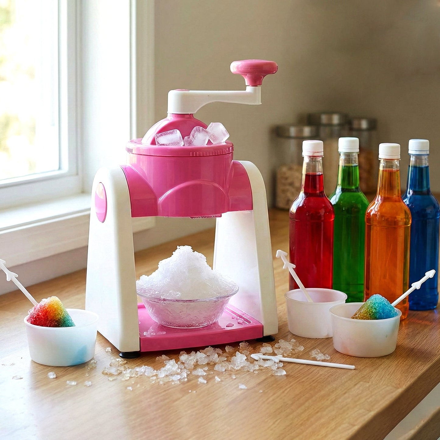 Manual snow cone machine crushing ice by hand crank