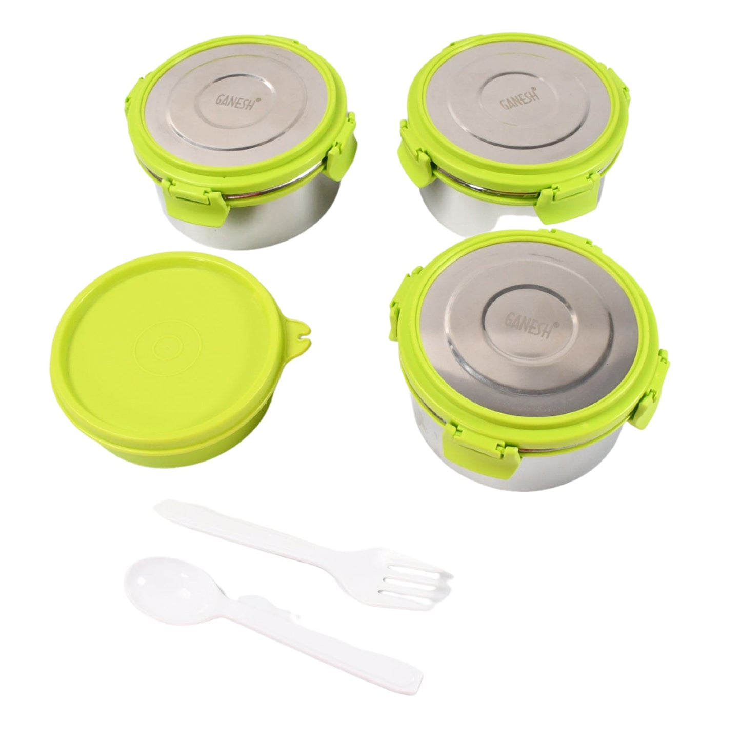 Open Ganesh Stainless Steel Tiffin Lunch Box, revealing its spacious interior for a complete meal.