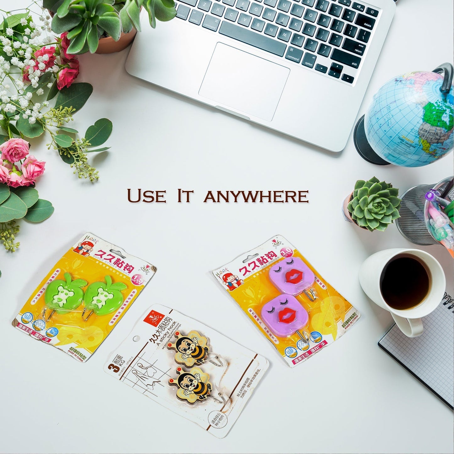 Multi-purpose adhesive wall hooks with a sleek, printed design.