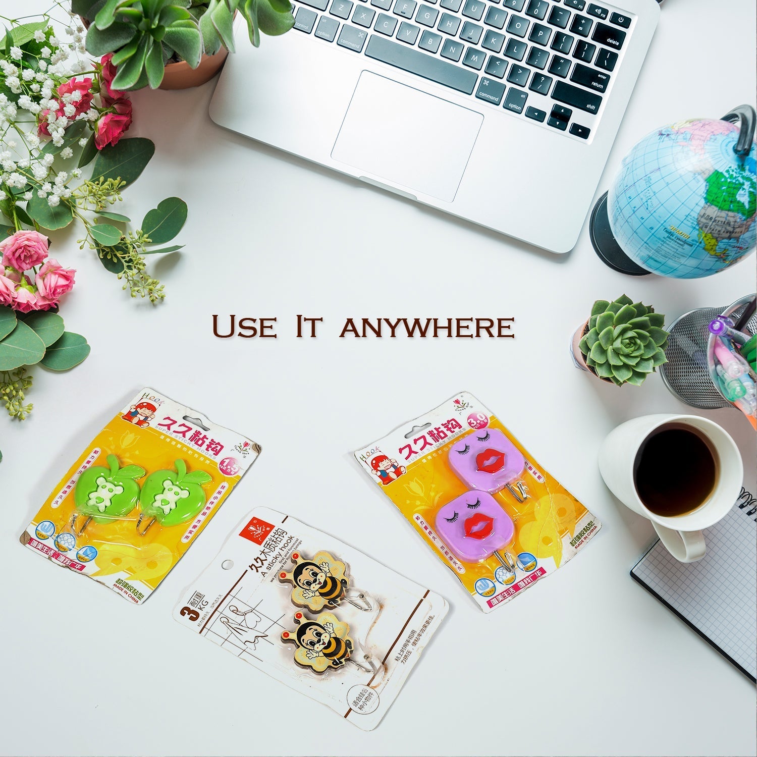 Multi-purpose adhesive wall hooks with a sleek, printed design.