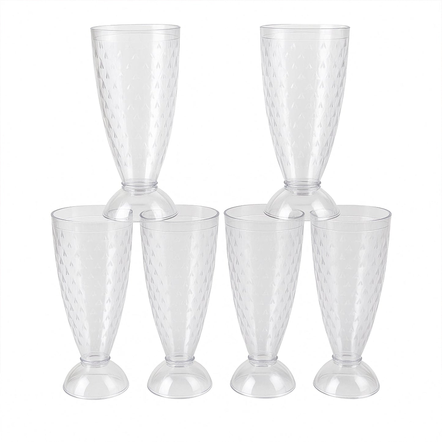 Transparent plastic milkshake glasses neatly arranged on a dining table