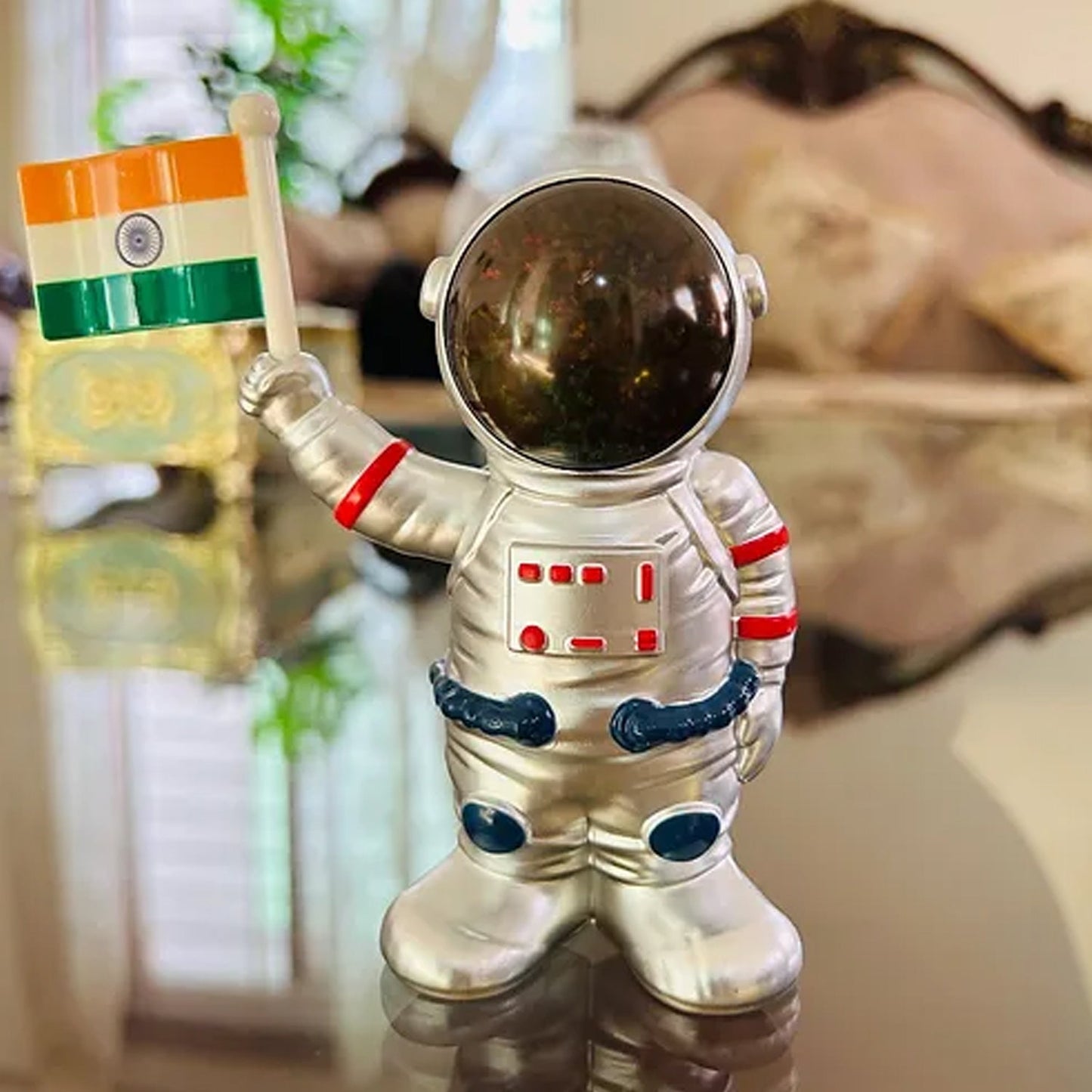 Patriotic solar astronaut dashboard decoration with moving hand and Indian flag