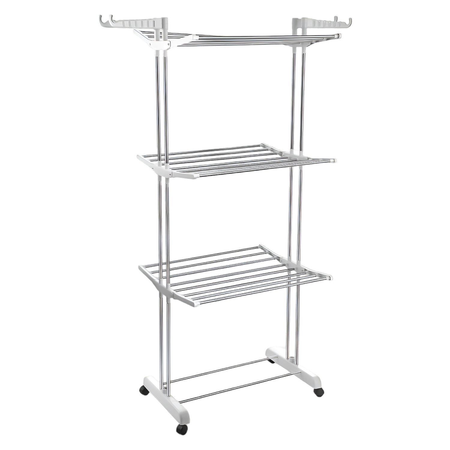 The 3-tier stainless steel drying rack with wheels, fully loaded with laundry.