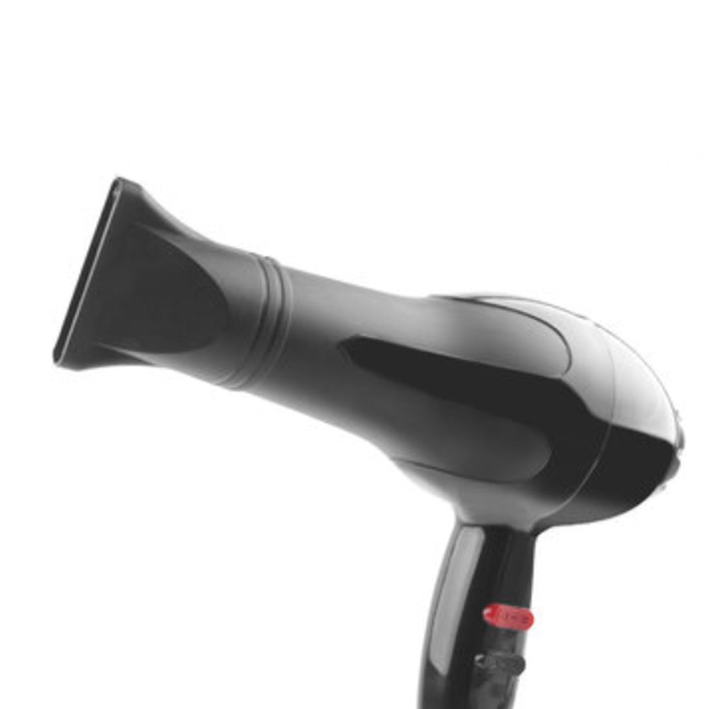 Black hair dryer demonstrating its hot and cold air settings.