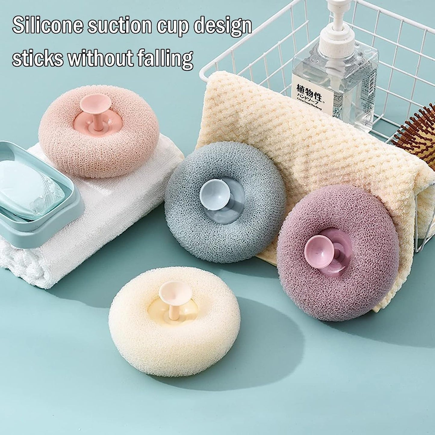 The convenient flower bath sponge hanging neatly by its suction cup in a bathroom.