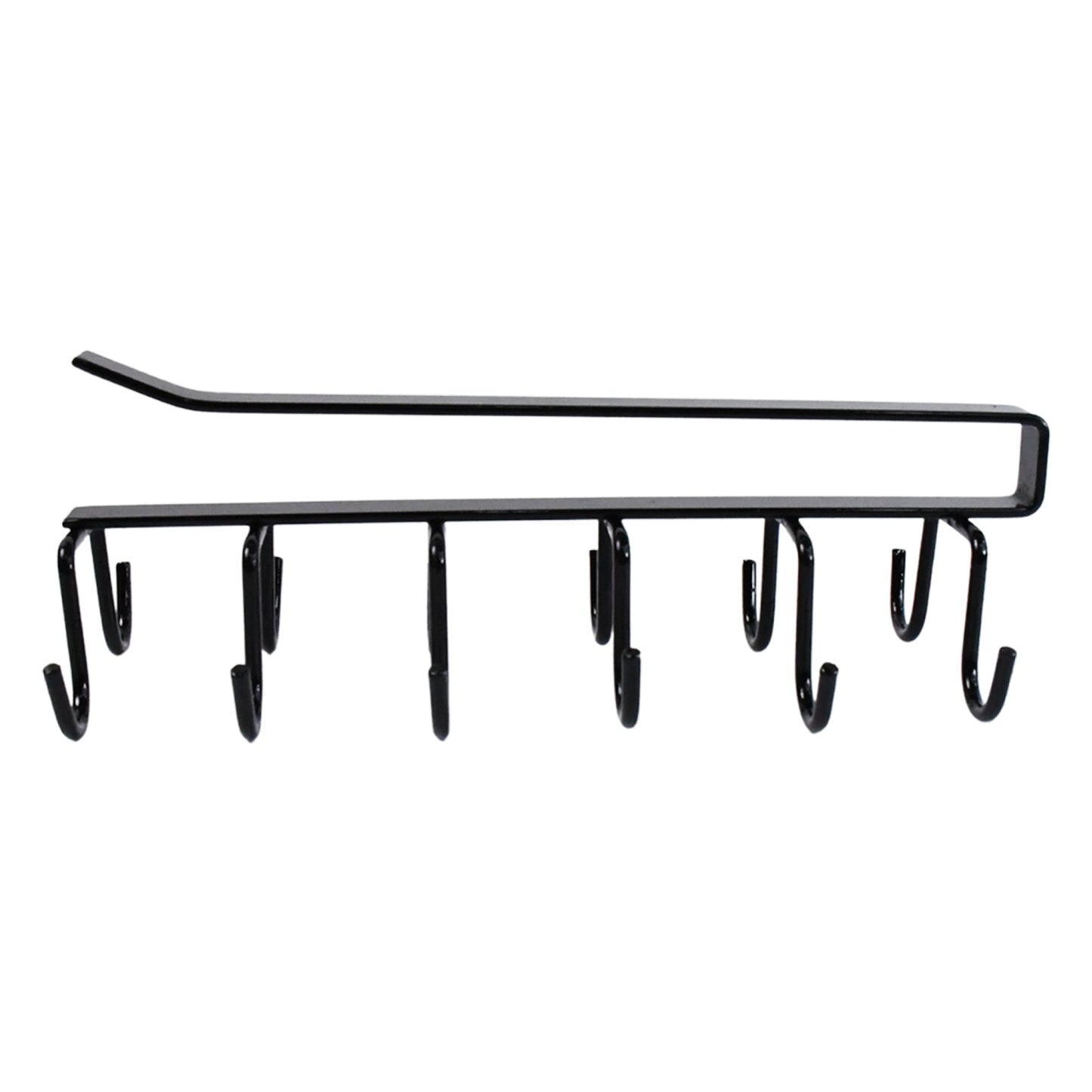 Side profile of sturdy black iron double-row cup holder rack.