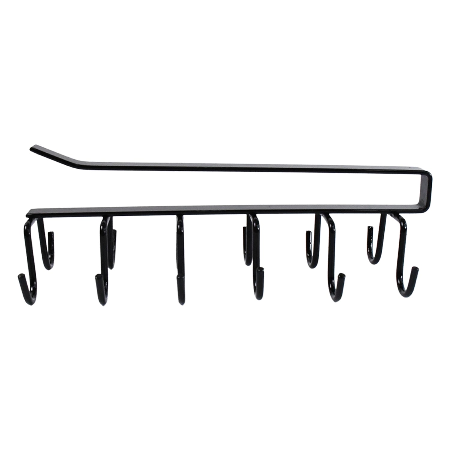 Side profile of sturdy black iron double-row cup holder rack.