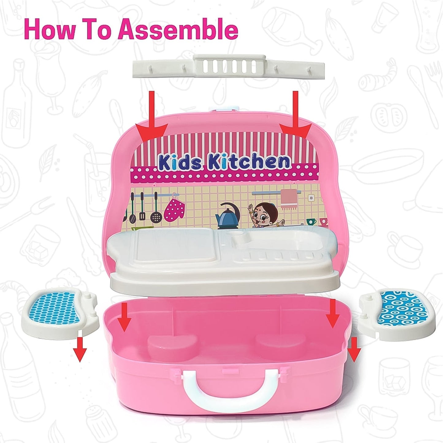 Girl enjoying pretend cooking with the 23-piece kids kitchen play set