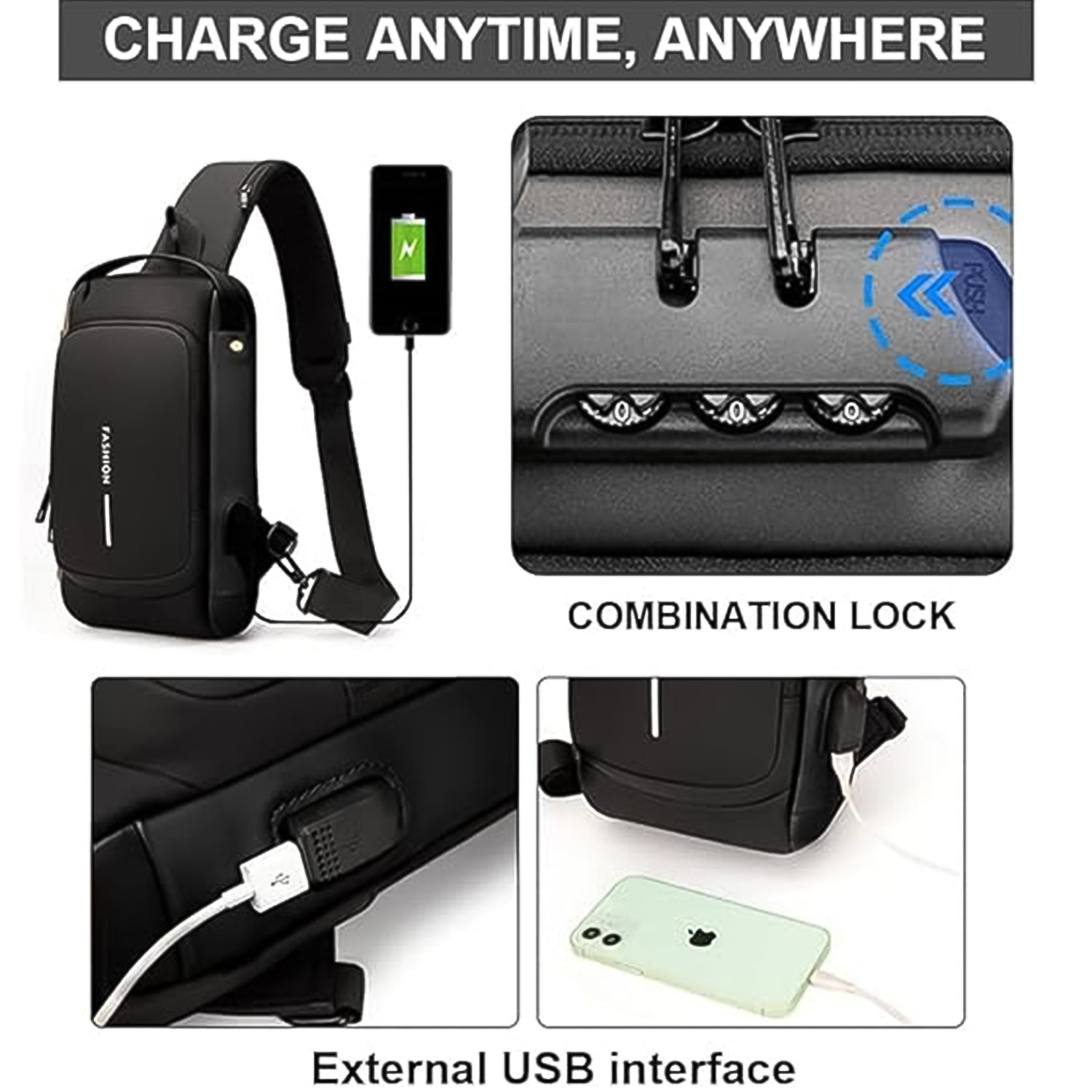 Closeup of travel anti-theft crossbody bag showing secure combination lock