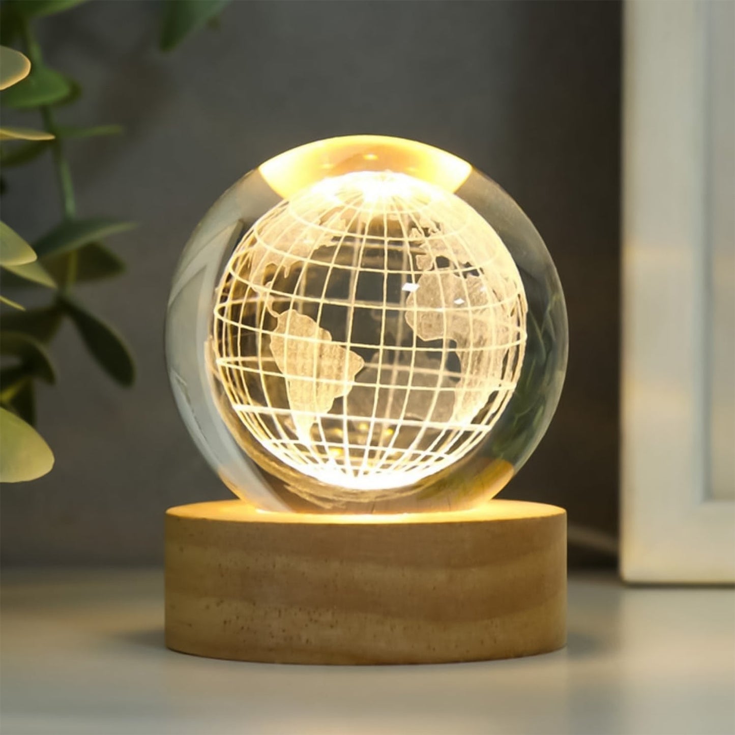 Detailed view of the illuminated crystal sphere, showcasing its captivating 3D design.