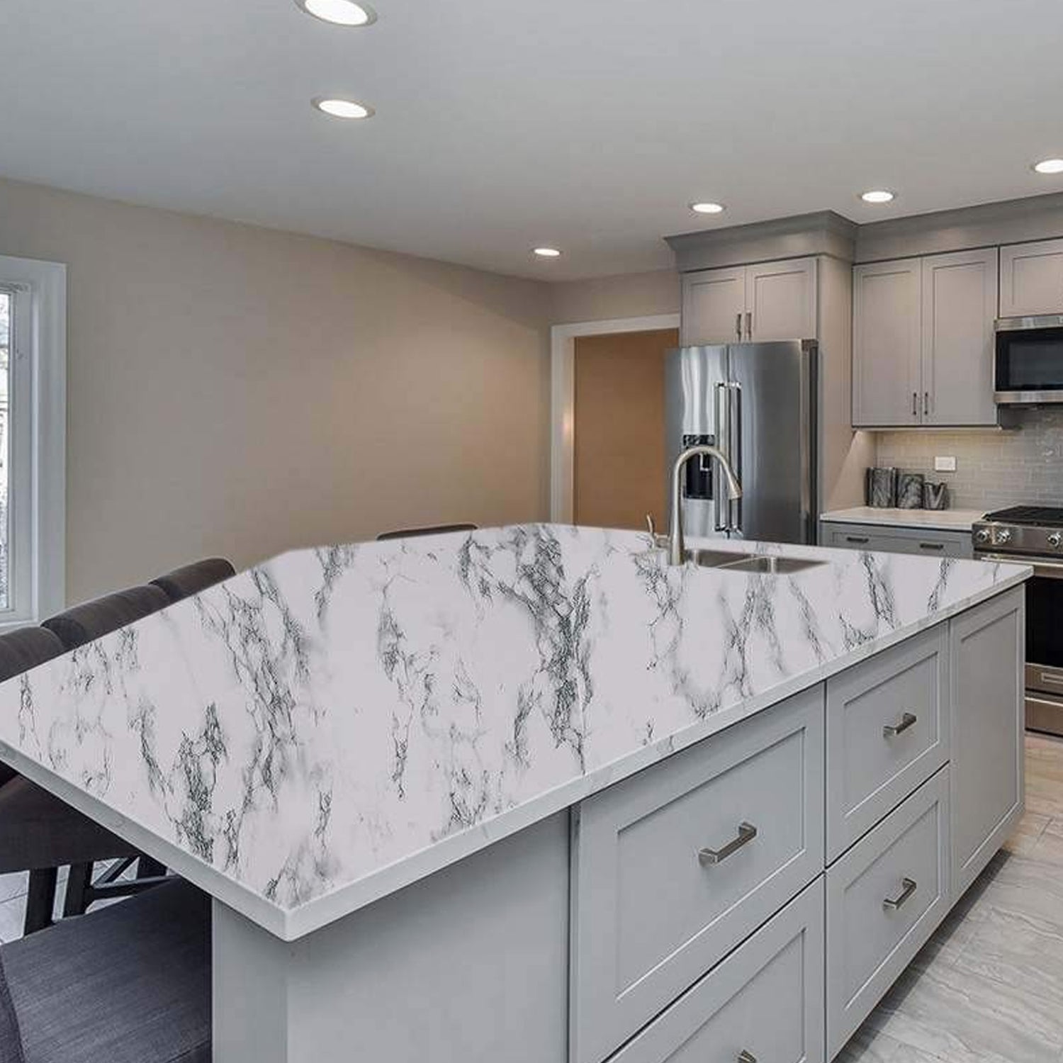 Detailed texture view of marble pattern on peel and stick kitchen wallpaper