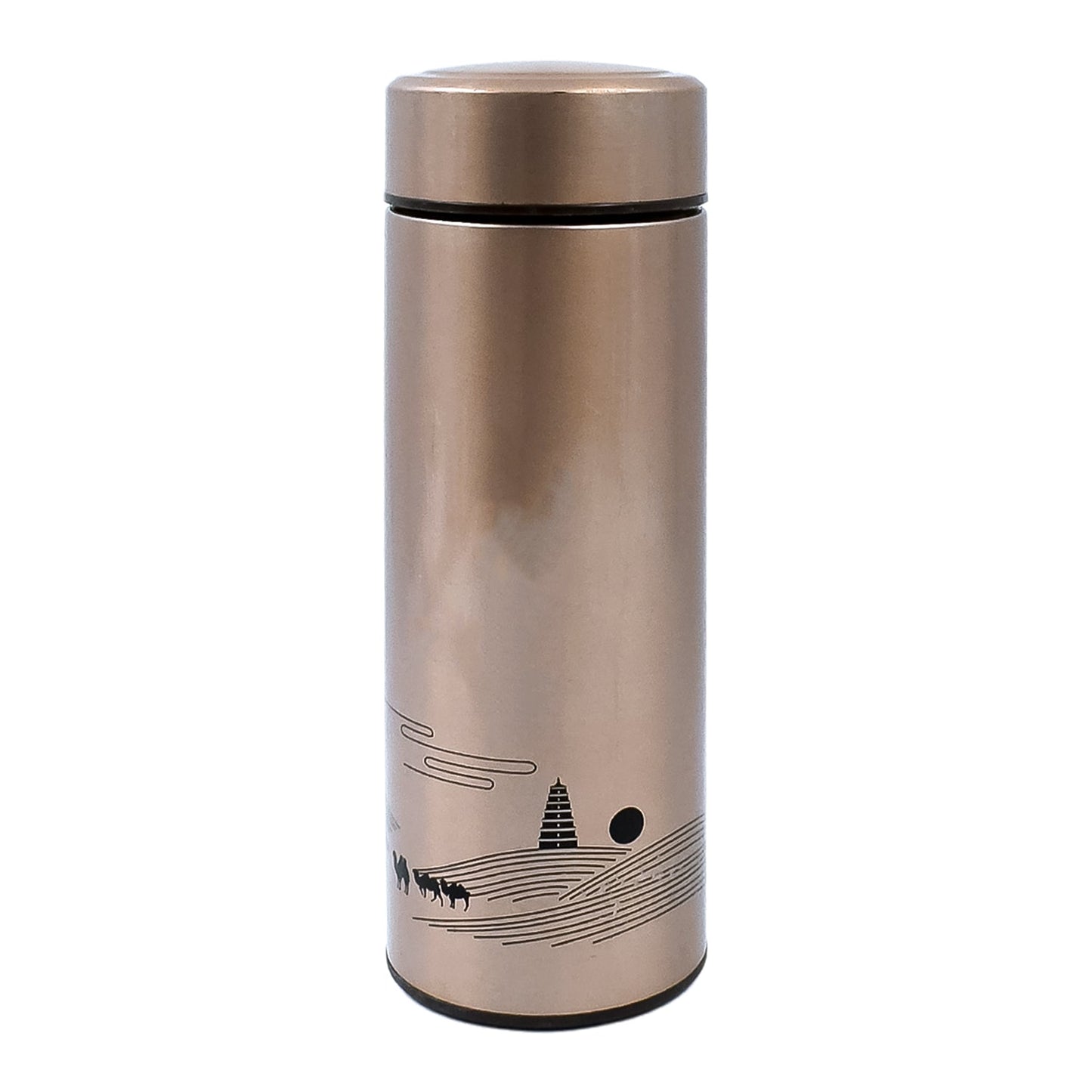 Multiple views of the Own Hydrate stainless steel water bottle, emphasizing its compact and travel-friendly size.