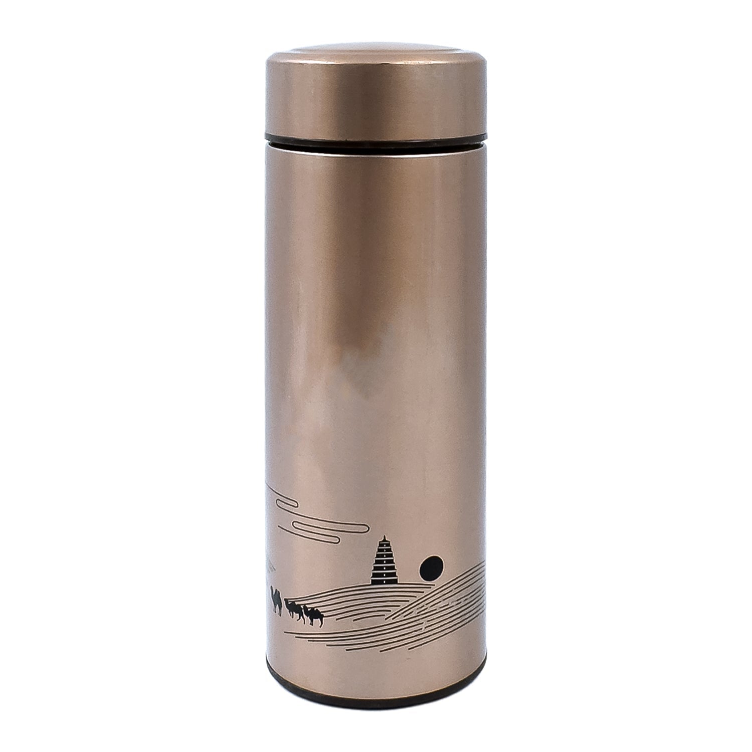 Multiple views of the Own Hydrate stainless steel water bottle, emphasizing its compact and travel-friendly size.