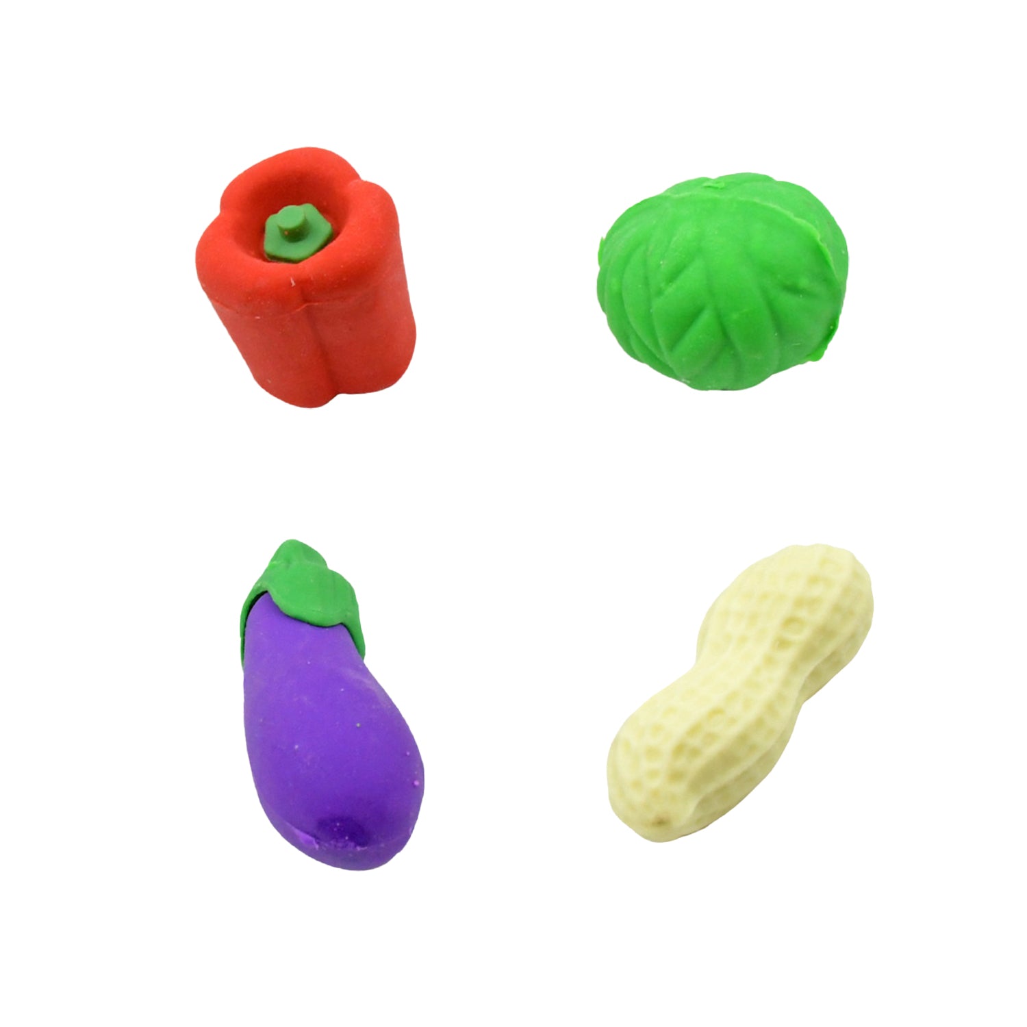 Close-up of assorted 3D fruit and vegetable erasers, perfect fun erasers for kids' school supplies.